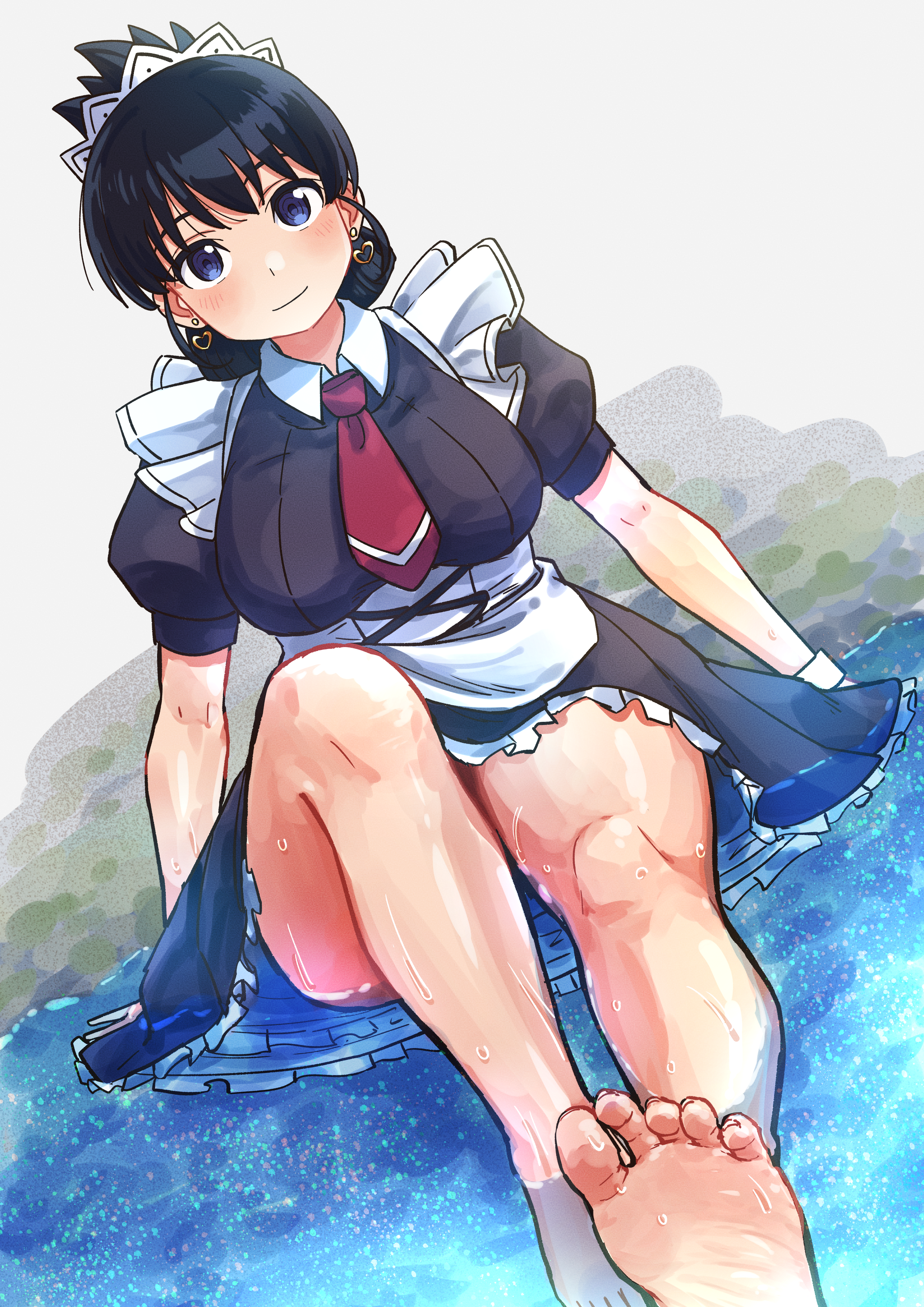 gatohobby, arato nagi, ruri no houseki, absurdres, highres, 1girl, alternate costume, apron, barefoot, black eyes, black hair, blush, breasts, earrings, jewelry, large breasts, long hair, looking at viewer, maid, maid apron, maid headdress, necktie, outdoors, red necktie, rock, sitting, smile, solo, water, wrist cuffs
