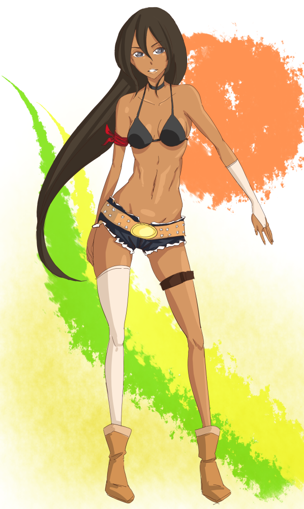 hachimitsuboi, michiko malandro, michiko to hacchin, 1girl, armband, asymmetrical clothes, bare shoulders, belt, bikini, bikini top only, black bikini, blue eyes, boots, breasts, brown hair, choker, collarbone, dark-skinned female, dark skin, denim, denim shorts, elbow gloves, female focus, full body, gloves, grey eyes, hip focus, legs, long hair, looking at viewer, navel, shorts, single elbow glove, single glove, single thighhigh, skinny, solo, standing, swimsuit, tan, thigh strap, thighhighs