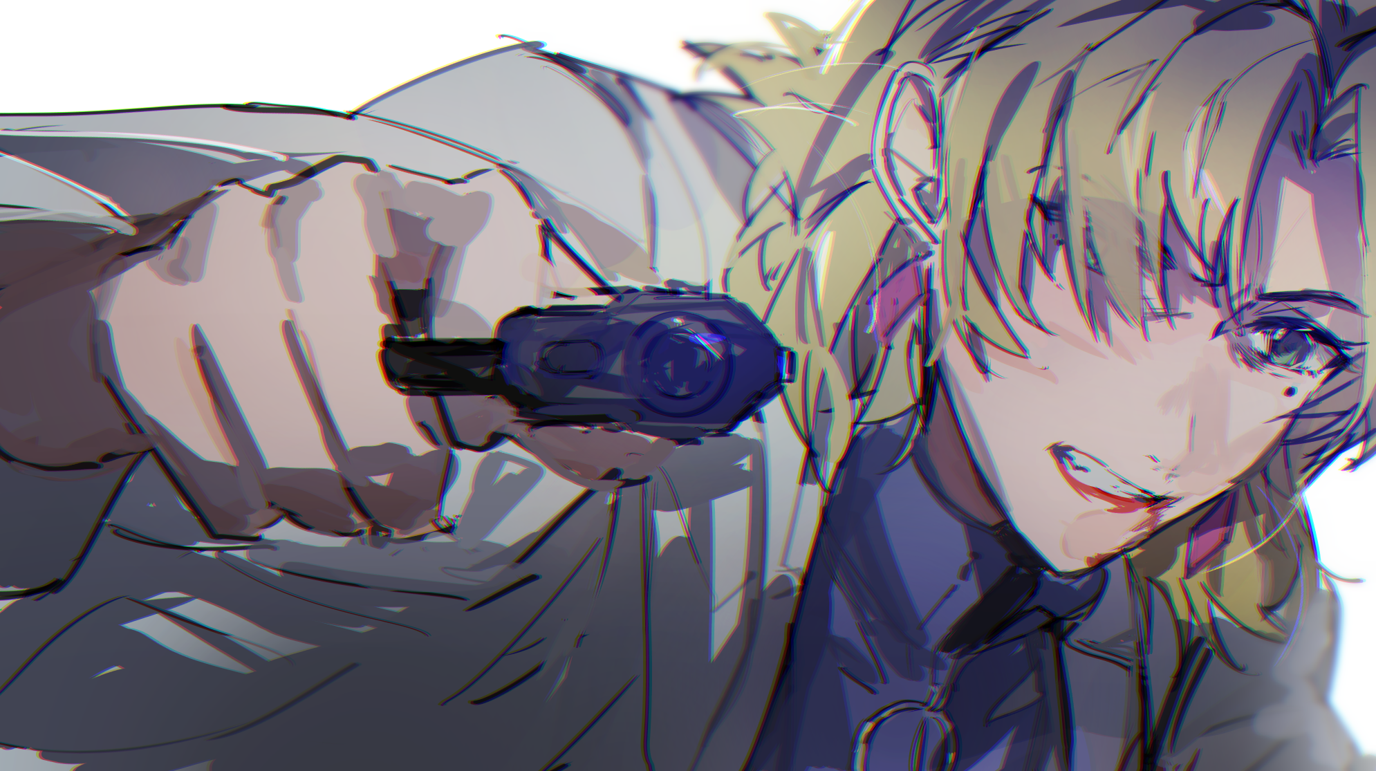 biiko (king1015g), akagi ritsuko, neon genesis evangelion, commentary, highres, 1girl, aiming, aiming at viewer, angry, blonde hair, blood, blood from mouth, blue shirt, clenched teeth, coat, finger on trigger, gangsta hold, gun, hair over one eye, handgun, holding, holding gun, holding weapon, jacket, looking at viewer, medium hair, mole, mole under eye, portrait, shirt, solo, teeth, turtleneck, weapon, white background, white coat, white jacket