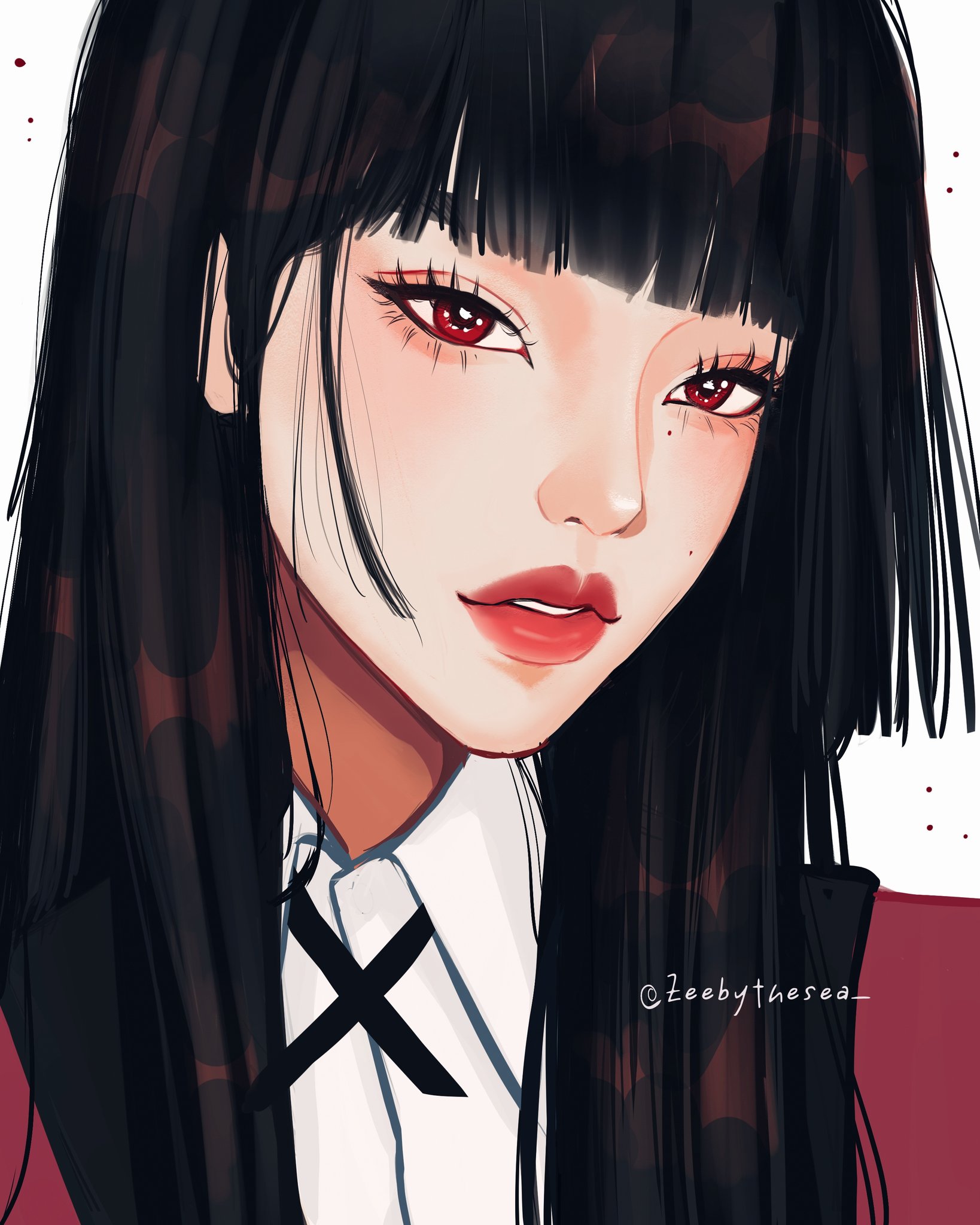 zeebythesea, jabami yumeko, kakegurui, highres, 1girl, aegyo sal, asian, black hair, blazer, blunt bangs, collared shirt, colored lapels, cross tie, eyelashes, formal clothes, hime cut, hyakkaou academy school uniform, jacket, lapels, light particles, long hair, looking at viewer, mole, mole on cheek, parted lips, red eyes, red jacket, red suit, school uniform, selfie, shirt, suit, thick lips, twitter username, upper body, white background, white shirt