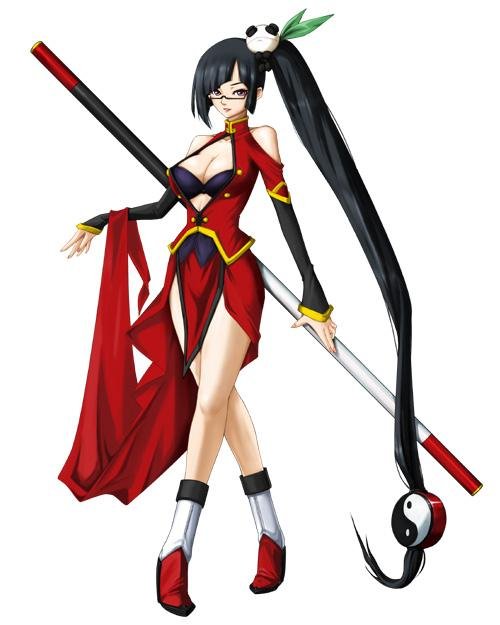 mori toshimichi, lao jiu, litchi faye ling, arc system works, blazblue, blazblue: calamity trigger, jpeg artifacts, official art, 1girl, absurdly long hair, black hair, blue bra, blunt bangs, boots, bra, breasts, china dress, chinese clothes, cleavage, cleavage cutout, clothes lift, clothing cutout, dress, dress lift, female focus, full body, glasses, hair ornament, holding behind back, holding polearm, holding polearm behind back, holding weapon, holding weapon behind back, large breasts, lingerie, lipstick, loincloth, long hair, makeup, panda, polearm, ponytail, purple eyes, semi-rimless eyewear, side ponytail, simple background, sitting, skirt hold, smile, solo, staff, standing, turtleneck, underwear, very long hair, weapon, white background, yin yang