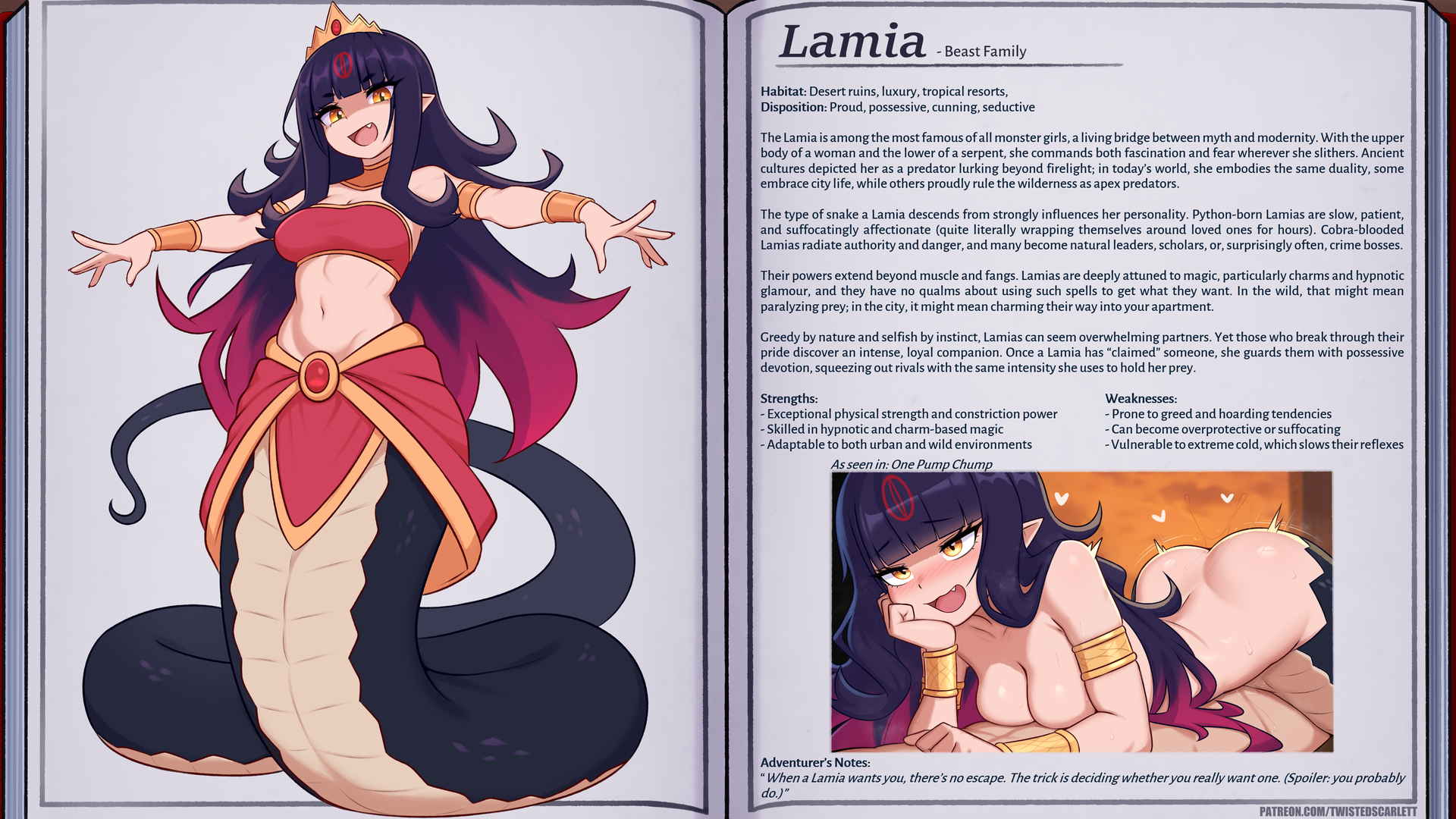 twistedscarlett60, original, commentary, english commentary, highres, 1girl, :d, ass, black hair, breasts, english text, lamia, long hair, looking at viewer, medium breasts, midriff, monster girl, navel, nude, open mouth, outstretched arms, pointy ears, smile, stomach, tiara, yellow eyes