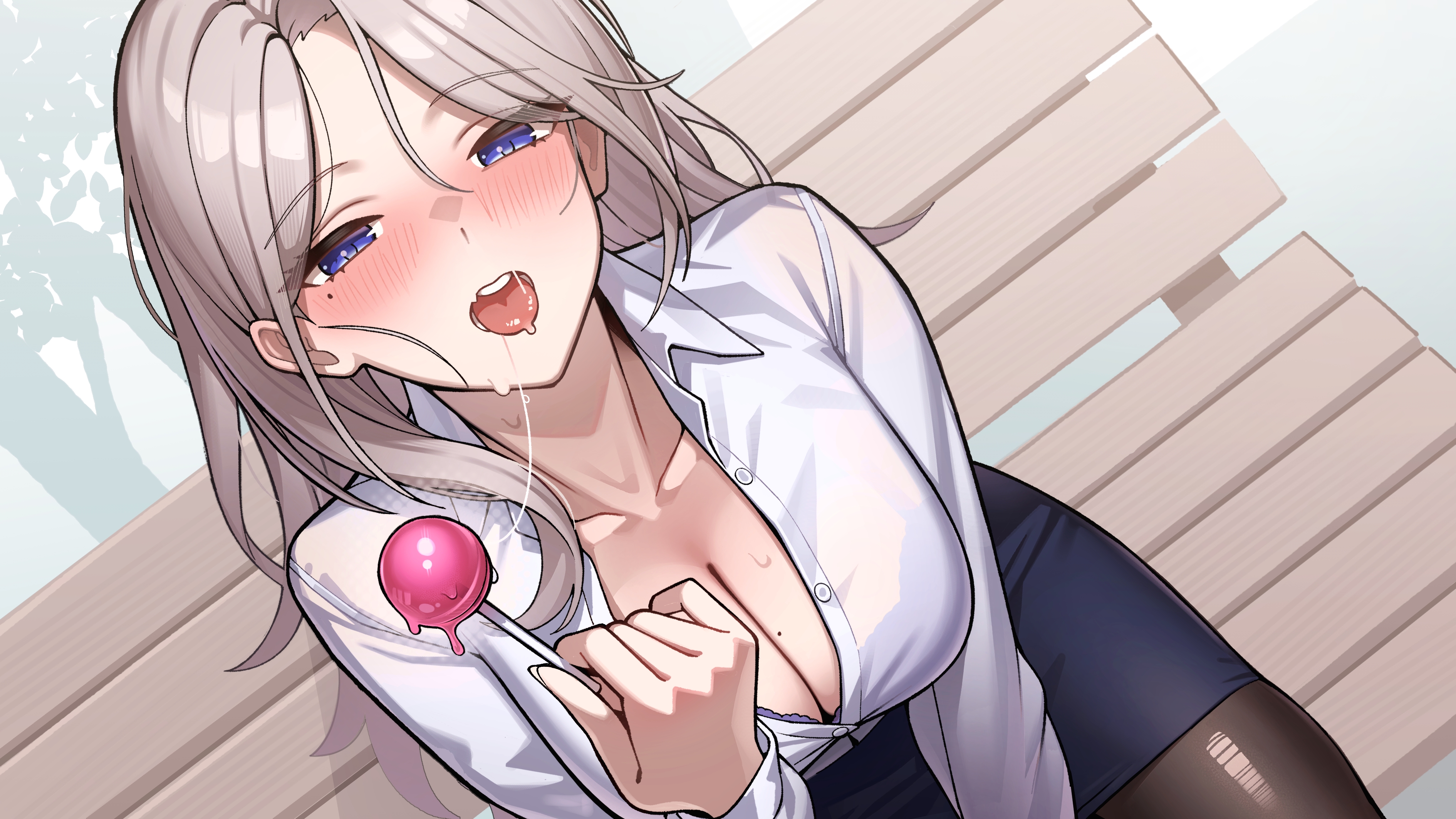 gotica, lee rein, vlyz, absurdres, highres, 1girl, black pantyhose, black skirt, blue eyes, blush, bra, bra peek, breasts, breath, candy, collarbone, collared shirt, food, from above, grey hair, holding, holding candy, holding food, holding lollipop, lollipop, long hair, long sleeves, mole, mole on breast, mole under eye, on bench, open mouth, pantyhose, partially unbuttoned, saliva, saliva trail, shirt, sitting, skirt, solo, torn clothes, torn pantyhose, underwear, virtual youtuber, white shirt
