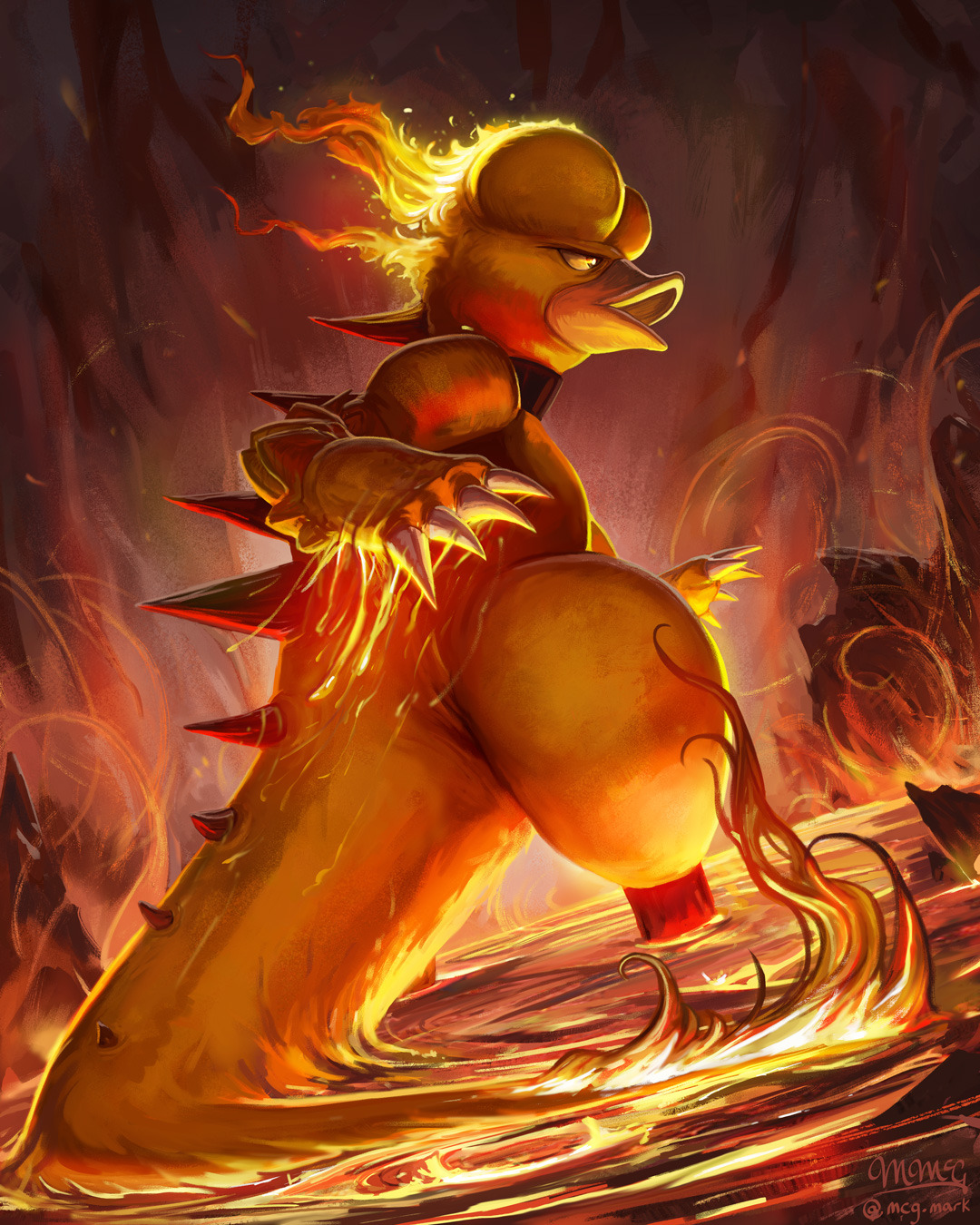 mcgmark, magmar, nintendo, pokemon, highres, claws, fire, gen 1 pokemon, lava, open mouth, pokemon (creature), signature, solo, standing, tail