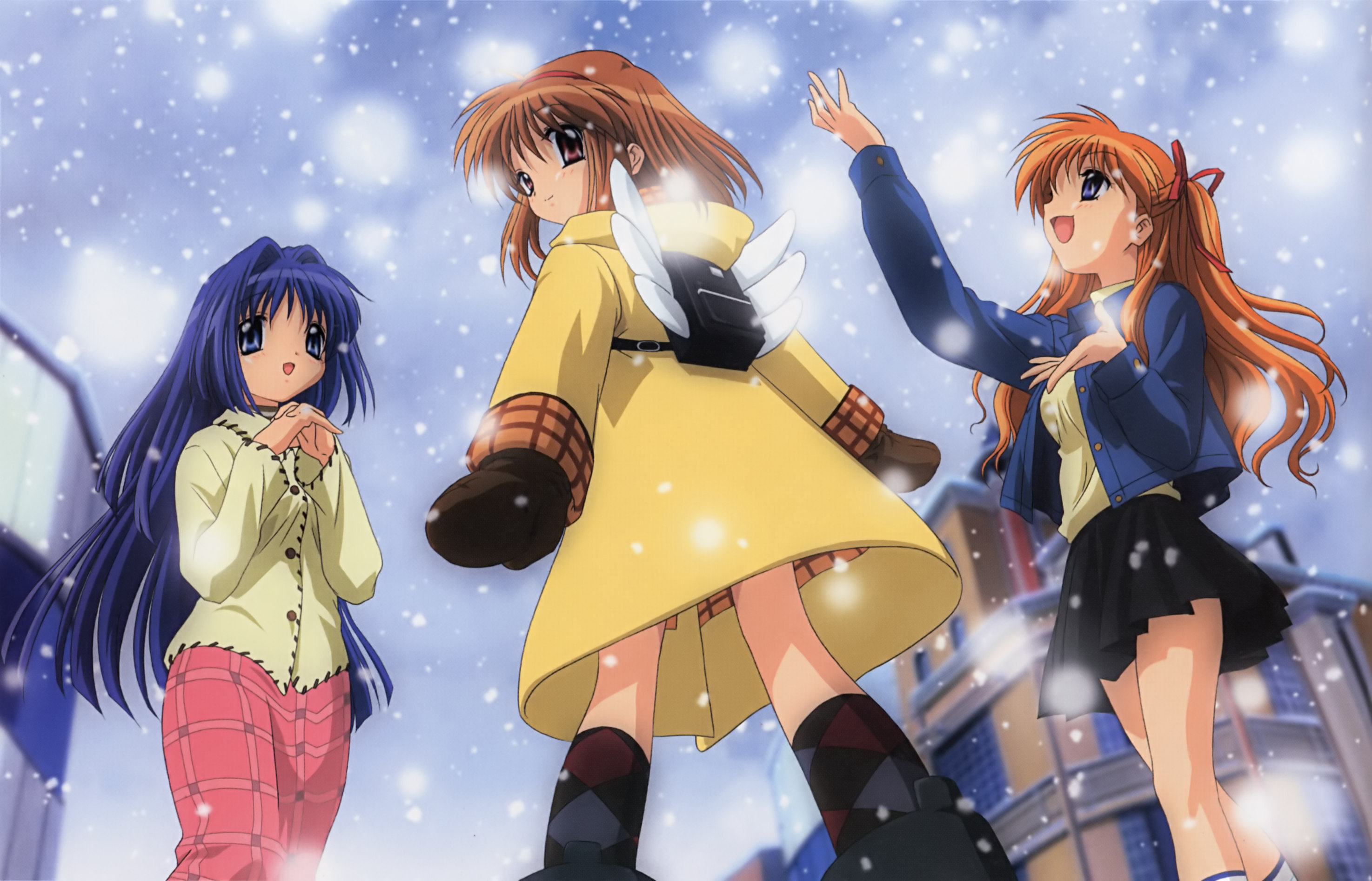 ikeda kazumi, minase nayuki, sawatari makoto, tsukimiya ayu, kanon, highres, non-web source, 3girls, backpack, bag, blue eyes, blue hair, boots, casual, coat, hairband, headband, long hair, mittens, multiple girls, orange hair, randoseru, red eyes, ribbon, short hair, skirt, snow, socks, very long hair, winged bag, wings