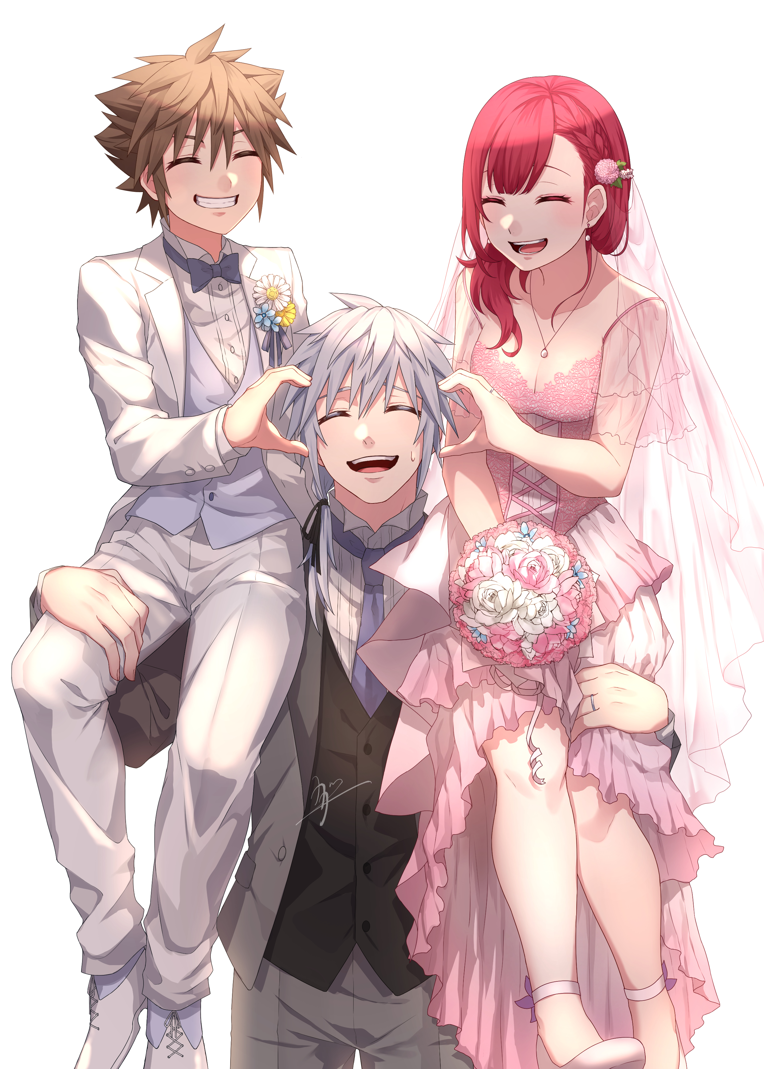 kagachi 118, kairi (kingdom hearts), riku (kingdom hearts), sora (kingdom hearts), kingdom hearts, kingdom hearts iii, absurdres, highres, 1girl, breasts, brown hair, closed eyes, dress, formal clothes, jewelry, long hair, multiple boys, necklace, open mouth, red hair, ring, short hair, simple background, smile, spiked hair, suit, white background, white suit