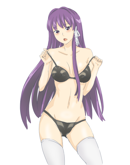 hachimitsuboi, fujibayashi kyou, clannad, 00s, 1girl, bra, female focus, lingerie, long hair, panties, purple hair, solo, thighhighs, underwear, underwear only