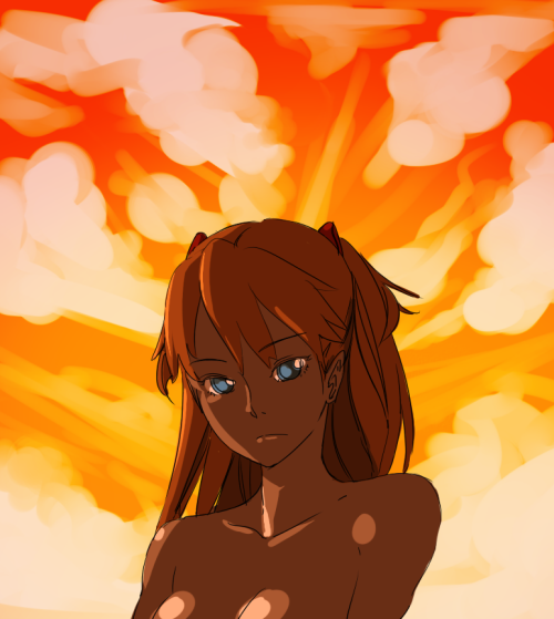 hachimitsuboi, souryuu asuka langley, neon genesis evangelion, 1girl, bare shoulders, blue eyes, breasts, completely nude, female focus, food, fruit, large breasts, long hair, nude, orange (fruit), orange hair, solo, topless frame, upper body