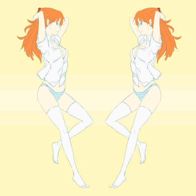 hachimitsuboi, souryuu asuka langley, neon genesis evangelion, blue eyes, legs, orange hair, panties, striped clothes, striped panties, thighhighs, underwear