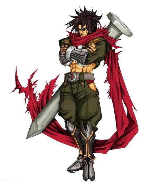 mori toshimichi, shishigami bang, arc system works, blazblue, blazblue: calamity trigger, nail, jpeg artifacts, official art, 1boy, abs, armor, belt, black hair, boots, bracer, crop top, crossed arms, evil grin, evil smile, grin, huge weapon, knee boots, male focus, manly, midriff, muscular, ninja, pants, ponytail, scar, scarf, simple background, smile, solo, spiked hair, standing, torn clothes, weapon