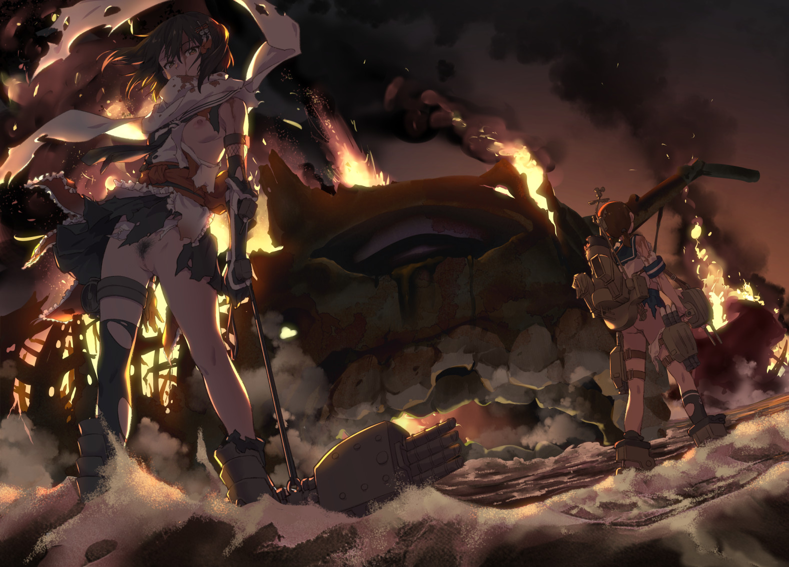 takemura sessyu, sendai (kancolle), sendai kai ni (kancolle), shirayuki (kancolle), urakaze (azur lane), urakaze (kancolle), kantai collection, commentary request, 2girls, ass, battle, black thighhighs, blood, breasts, brown hair, censored, destruction, female pubic hair, fire, from behind, injury, looking at viewer, medium breasts, mosaic censoring, multiple girls, nipples, pubic hair, pussy, red eyes, scarf, short hair, standing, thighhighs, torn clothes, torn scarf, torn thighhighs, white scarf