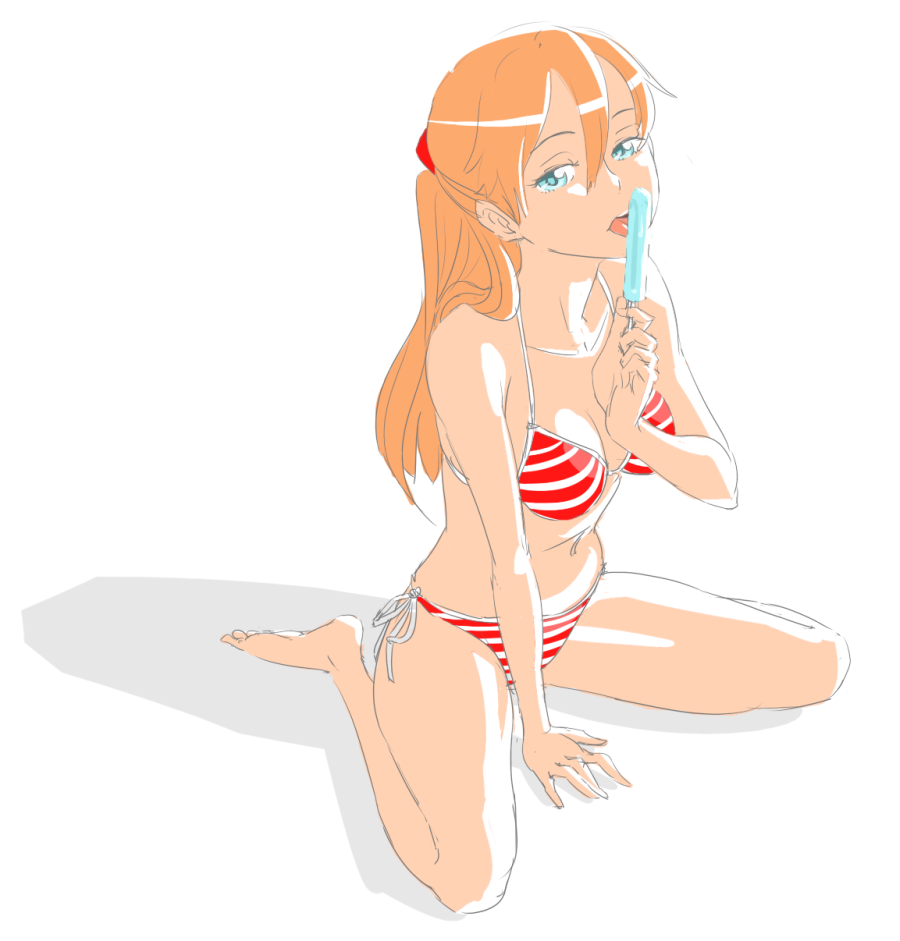 hachimitsuboi, souryuu asuka langley, neon genesis evangelion, 1girl, arm support, barefoot, bikini, blue eyes, breasts, female focus, food, hair ornament, holding, holding food, ice cream, interface headset (evangelion), licking, long hair, looking at viewer, medium breasts, orange hair, popsicle, red bikini, side-tie bikini bottom, simple background, sketch, solo, striped bikini, striped clothes, swimsuit, toes, tongue, tongue out, two side up, white background