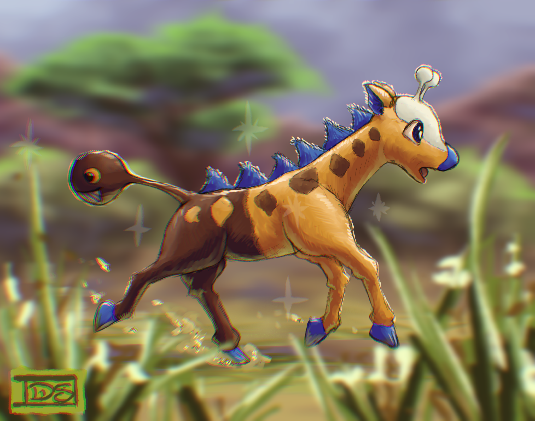 swainathan, girafarig, nintendo, pokemon, highres, artist logo, blurry, blurry background, blurry foreground, day, depth of field, from side, gen 2 pokemon, grass, logo, no humans, outdoors, pokemon (creature), safari zone, solo, tree