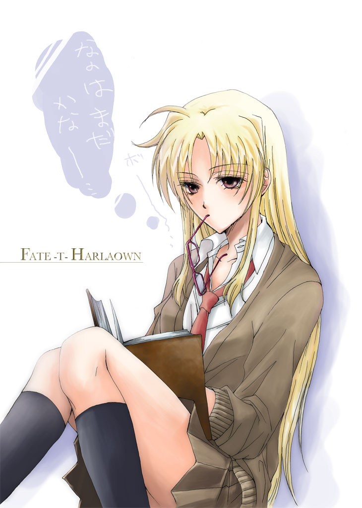 lina (interlude), fate testarossa, lyrical nanoha, mahou shoujo lyrical nanoha, mahou shoujo lyrical nanoha strikers, 00s, book, glasses, long hair, mouth hold, necktie, solo, very long hair