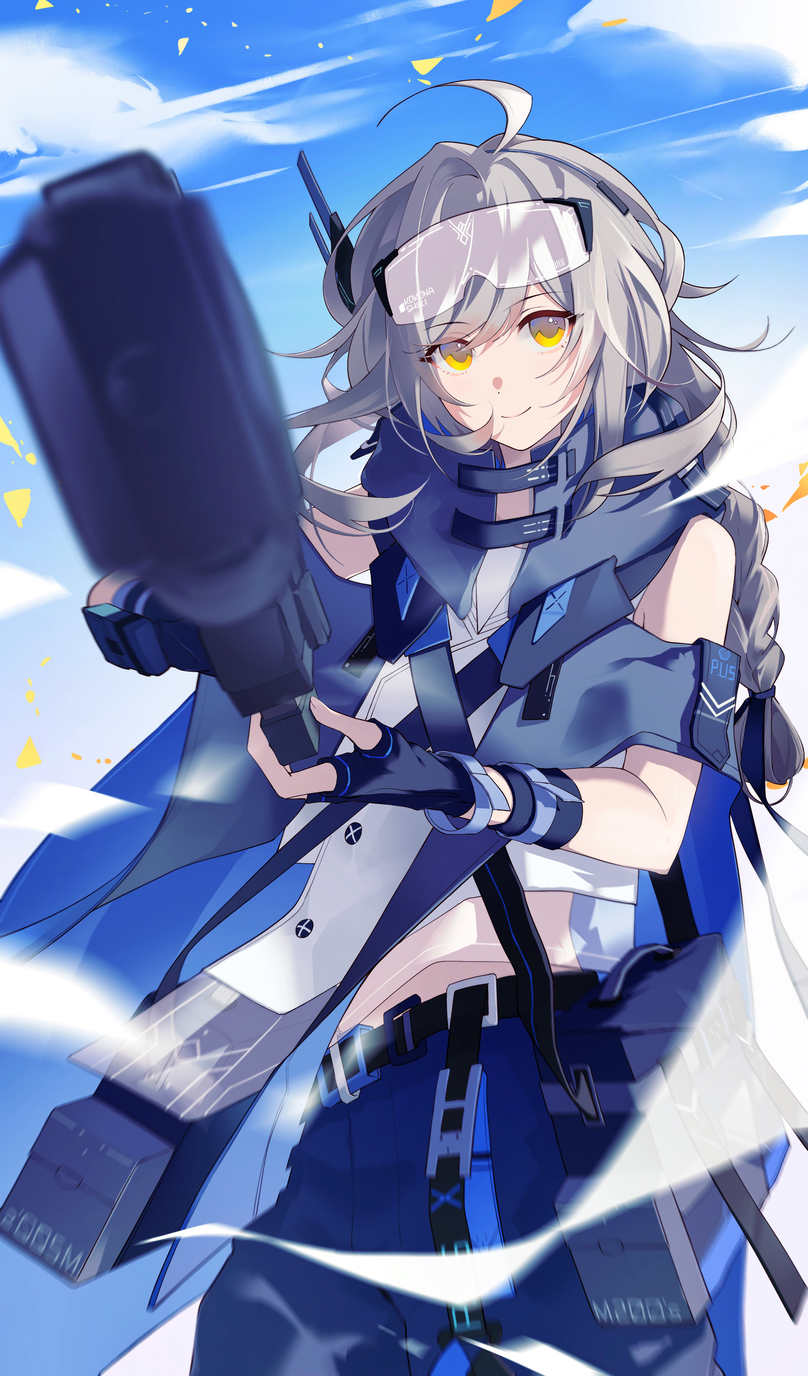 kokona (strinova), strinova, absurdres, highres, 1girl, ahoge, aiming, aiming at viewer, belt, belt buckle, braid, braided ponytail, brown hair, buckle, cloud, dot nose, fingerless gloves, gloves, goggles, goggles on head, gun, laox4, long hair, looking at viewer, low ponytail, midriff, midriff peek, orange eyes, outdoors, ponytail, rifle, sidelocks, skirt, smile, sniper rifle, solo, swept bangs, weapon