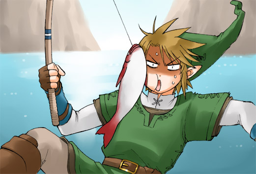 link, nintendo, the legend of zelda, 1boy, blonde hair, fish, fishing, fishing rod, gloves, holding, holding fishing rod, male focus, pointy ears, solo