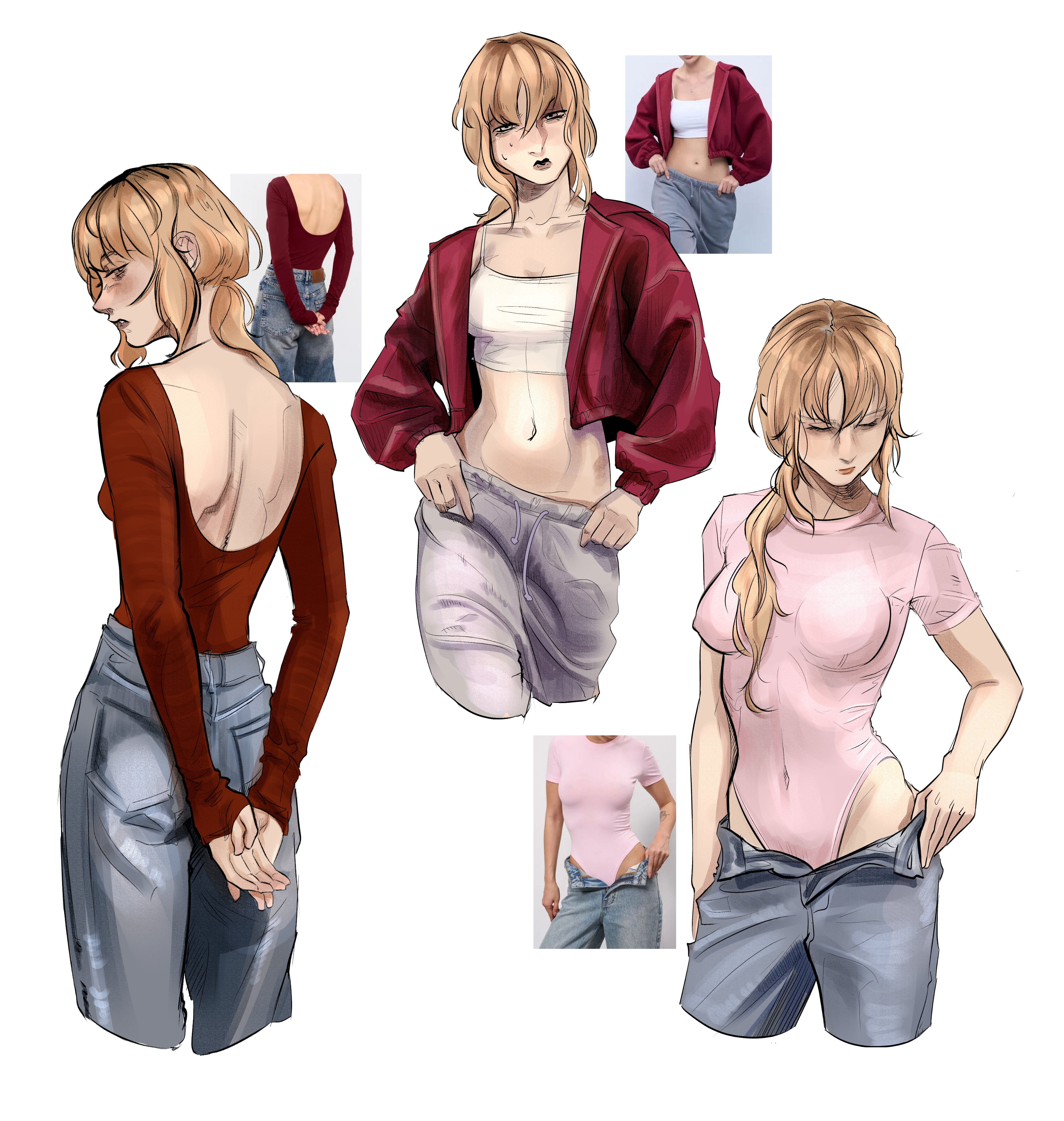 tvar ne spit, karin (fear & hunger), fear & hunger (series), fear & hunger 2: termina, absurdres, hashtag-only commentary, highres, photo-referenced, 1girl, alternate costume, arms behind back, blonde hair, breasts, closed eyes, collarbone, covered erect nipples, cropped legs, denim, grey pants, jacket, jeans, leotard, leotard under clothes, long hair, long sleeves, medium breasts, midriff, multiple views, navel, open clothes, open fly, open jacket, pants, photo inset, pink shirt, ponytail, red jacket, red shirt, shirt, simple background, white background