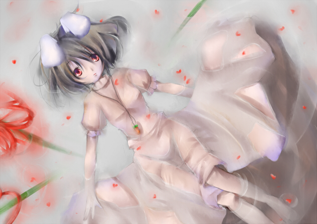 sugiyuu, yuukke (pixiv), inaba tewi, touhou, 1girl, female focus, petals, solo, water, wet, wet clothes
