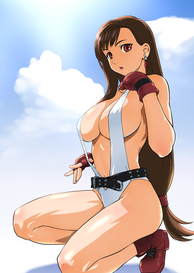 ueyama michirou, tifa lockhart, final fantasy, final fantasy vii, 1990s (style), 1girl, bare shoulders, belt, bikini, boots, breasts, brown hair, cloud, day, earrings, female focus, fingerless gloves, gloves, jewelry, kneeling, large breasts, long hair, low-tied long hair, navel, open mouth, red eyes, retro artstyle, sideboob, sky, slingshot swimsuit, solo, swimsuit, underboob