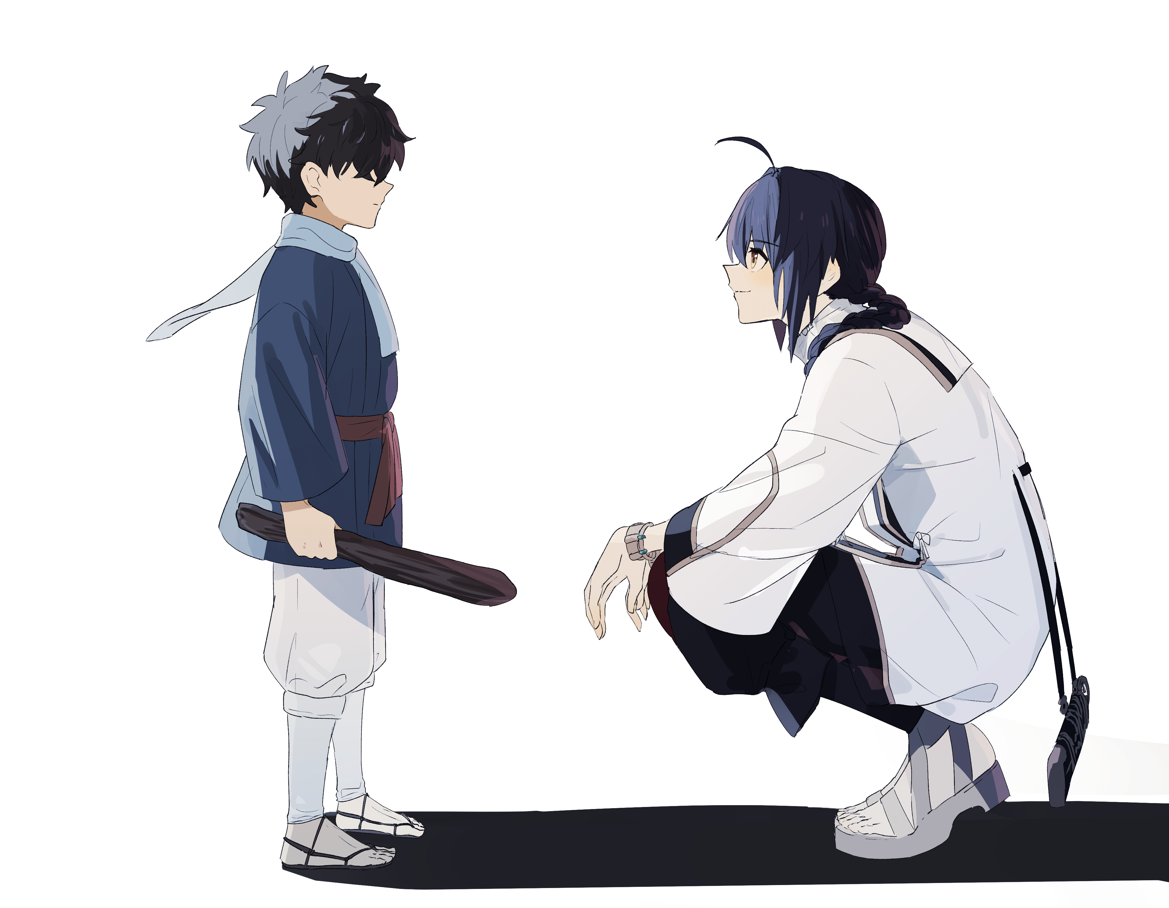 ninjin (ne f g o), miyamoto iori (fate), yamato takeru (fate), fate/samurai remnant, fate (series), absurdres, highres, 1boy, 1other, aged down, ahoge, black hair, blue kimono, braid, closed mouth, hair over eyes, hair over shoulder, holding, japanese clothes, kimono, long sleeves, looking at another, sandals, scarf, smile, squatting, white scarf