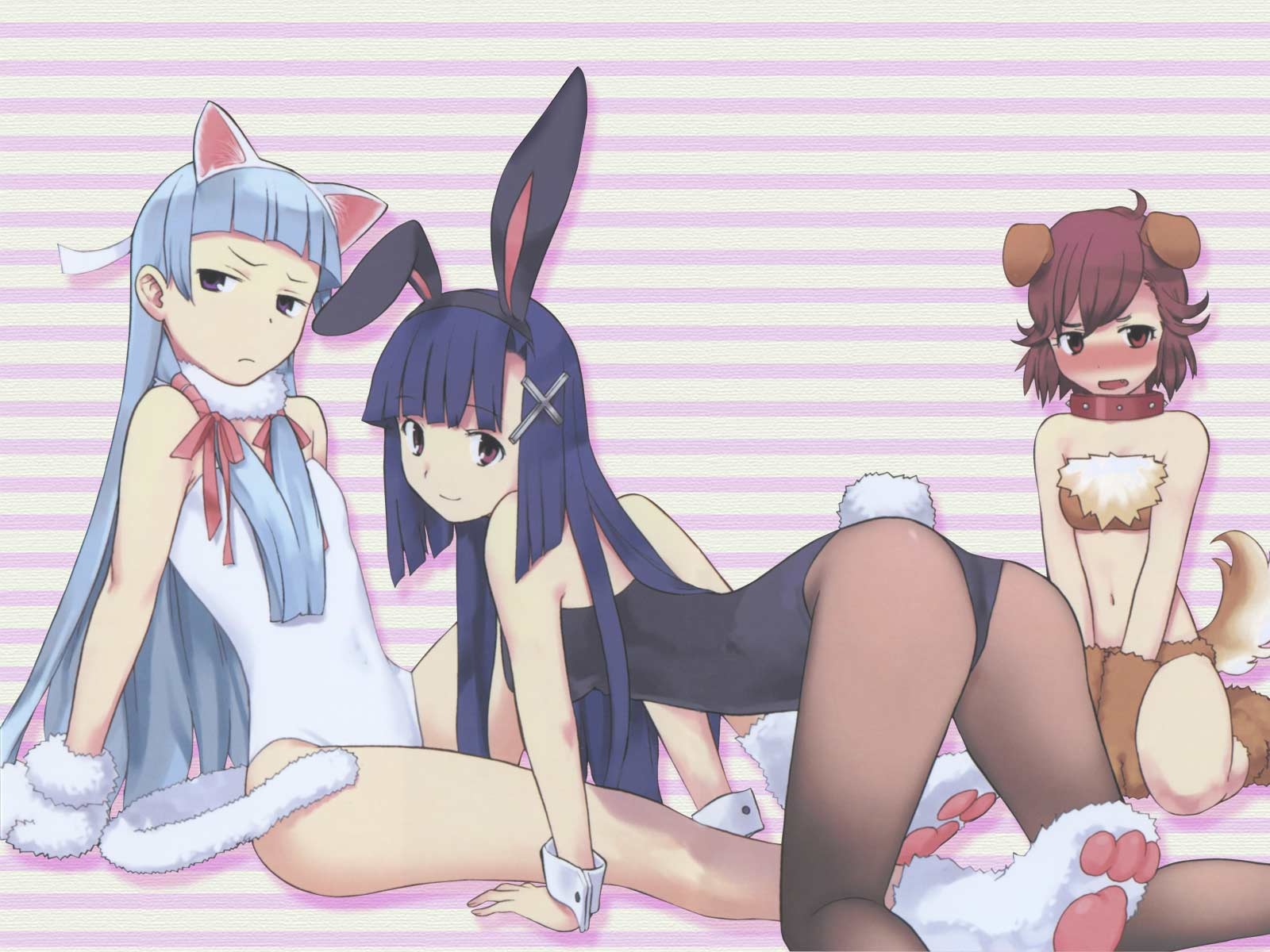 takenashi eri, aoba tsugumi, nagi, zange, kannagi, highres, official art, official wallpaper, 00s, 3girls, animal ears, ass, cat ears, cat tail, cuffs, dog ears, fake animal ears, kittysuit, multiple girls, nontraditional playboy bunny, pantyhose, playboy bunny, rabbit ears, siblings, sisters, tail, wrist cuffs