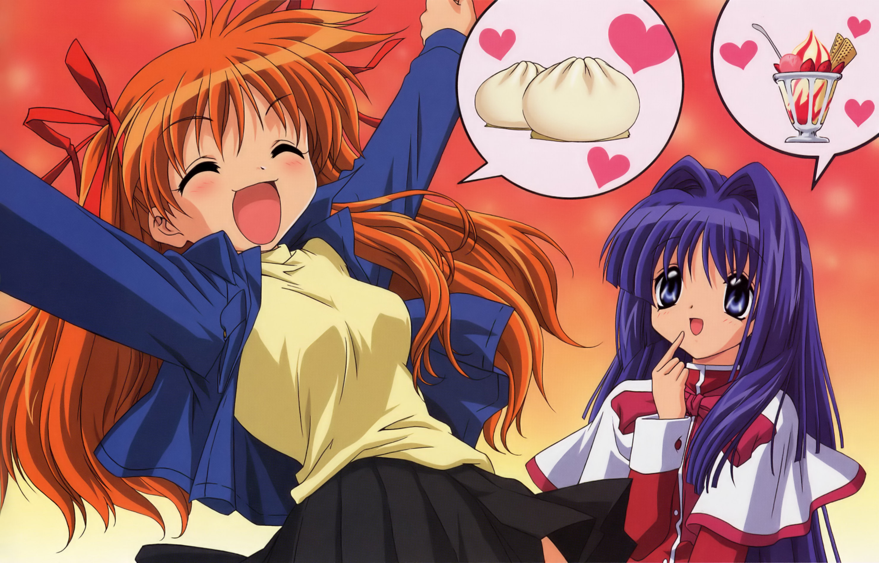 ikeda kazumi, minase nayuki, sawatari makoto, kanon, highres, non-web source, 2girls, blue eyes, blue hair, blush, bow, closed eyes, food, ice cream, long hair, multiple girls, orange hair, ribbon, school uniform, serafuku, speech bubble, steamed bun, sundae