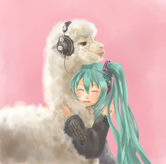 chatarou, hatsune miku, vocaloid, winamp, 1girl, ^ ^, alpaca, animal, aqua hair, blush, closed eyes, female focus, green hair, happy, headphones, long hair, simple background, smile, solo, very long hair