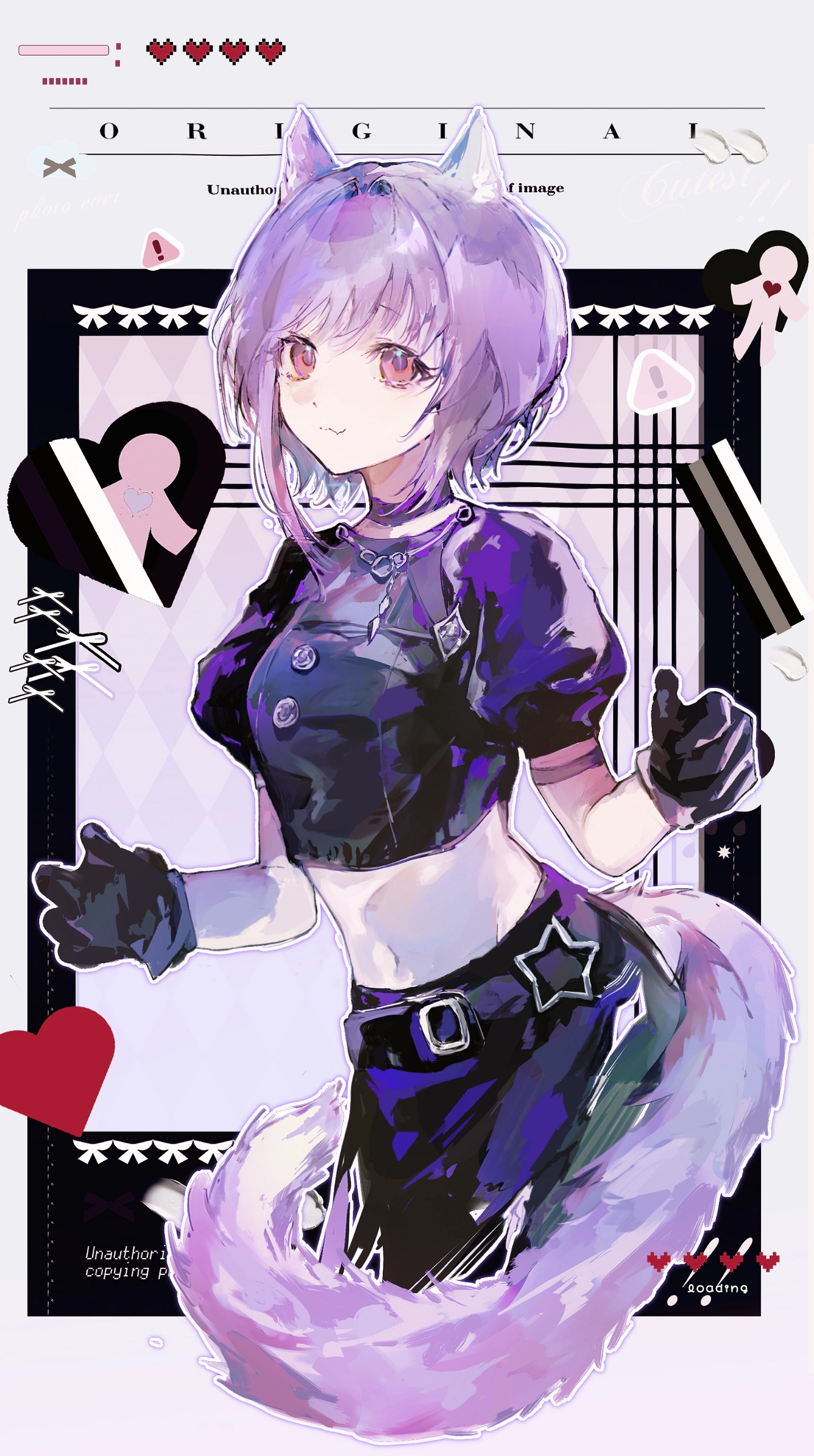 heigeni, yuutenji nyamu, yuutenji nyamu (magician of passion), arknights, bang dream!, bang dream! it's mygo!!!!!, absurdres, chinese commentary, commentary request, highres, 1girl, :3, animal ears, black gloves, black shirt, black skirt, cat ears, cat girl, cat tail, closed mouth, cowboy shot, fang, gloves, heart, looking at viewer, navel, official alternate costume, purple eyes, purple hair, shirt, short hair, sign, skirt, smile, solo, standing, tail, warning sign