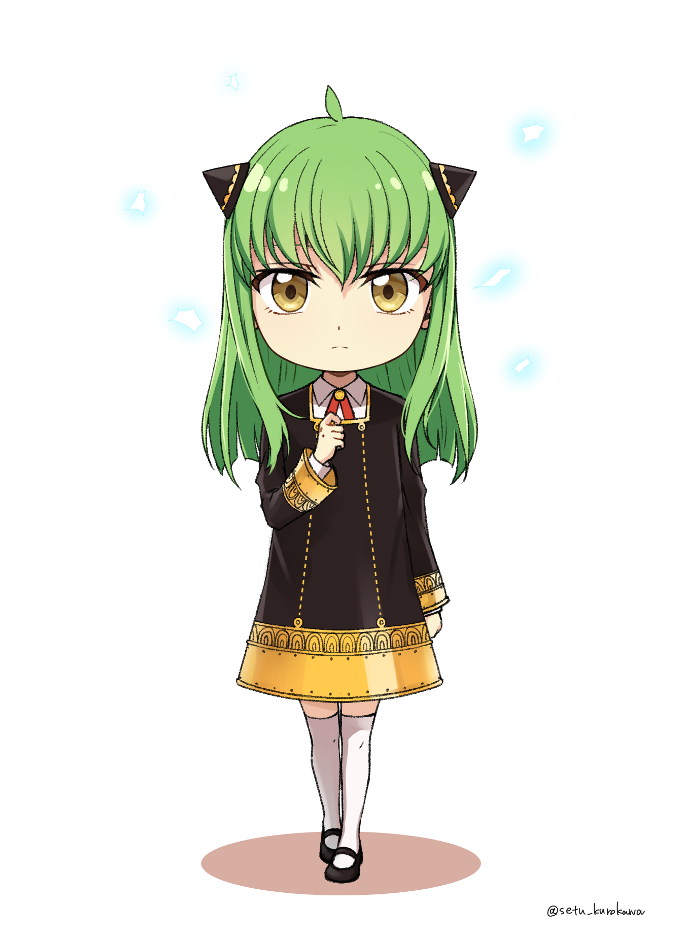 setu kurokawa, anya (spy x family), c.c., code geass, spy x family, commentary request, highres, 1girl, ahoge, anya (spy x family) (cosplay), artist name, black dress, black shoes, chibi, closed mouth, cosplay, dress, eden academy school uniform, green hair, hairpods, hand up, long hair, long sleeves, looking at viewer, mary janes, school uniform, shoes, solo, thighhighs, twitter username, watermark, white thighhighs, yellow eyes