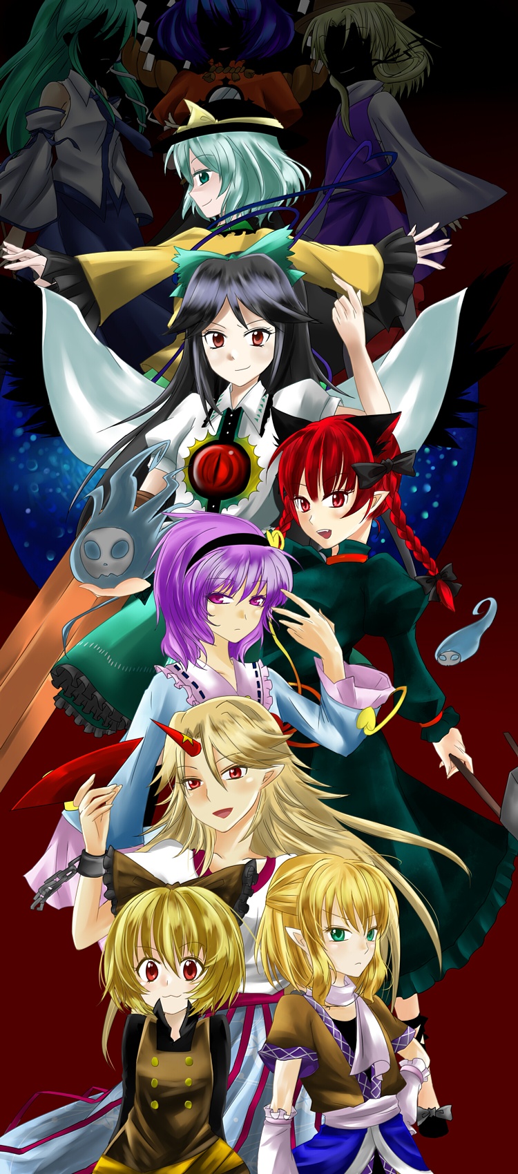 mochi (fm-rs), mochi (pixiv149241), hoshiguma yuugi, kaenbyou rin, kochiya sanae, komeiji koishi, komeiji satori, kurodani yamame, mizuhashi parsee, moriya suwako, reiuji utsuho, yasaka kanako, subterranean animism, touhou, highres, 6+girls, braid, cup, female focus, horns, multiple girls, sakazuki, single horn, star (symbol), twin braids