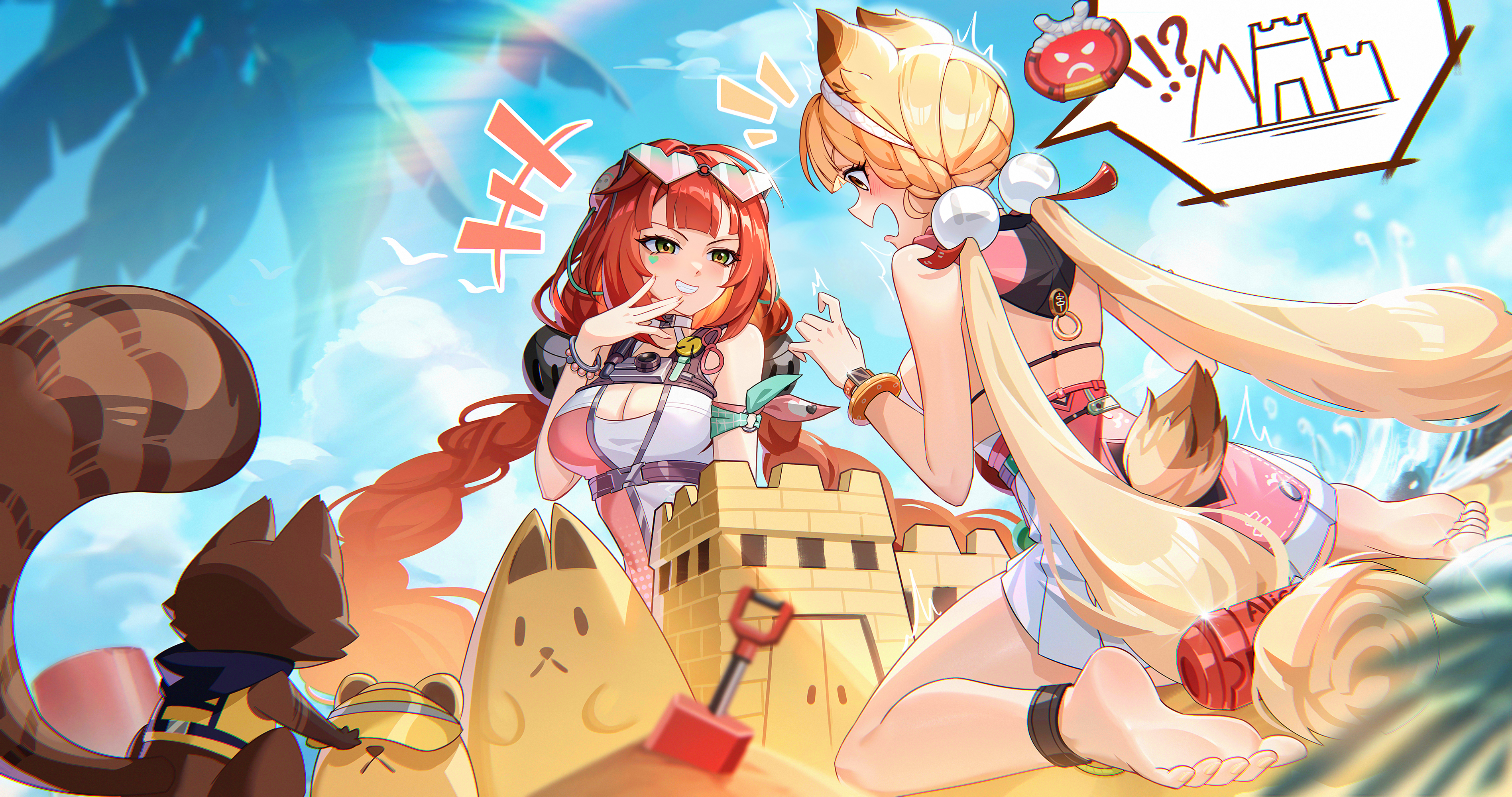 kangg, alice thymefield, alice thymefield (sea of thyme), kamanosuke (zenless zone zero), ukinami yuzuha, ukinami yuzuha (tanuki in broad daylight), zenless zone zero, absurdres, commentary request, highres, 2girls, animal ears, anklet, barefoot, beach, blonde hair, blunt bangs, braid, breasts, cleavage, eyewear on head, green eyes, hair ornament, heart, heart-shaped eyewear, jewelry, light blush, long hair, low twintails, medium breasts, multiple girls, official alternate costume, one-piece swimsuit, rabbit ears, rabbit girl, rabbit tail, red hair, sand castle, sand sculpture, smile, smug, speech bubble, sphere hair ornament, swimsuit, tail, twintails, two-tone one-piece swimsuit, very long hair, yellow eyes