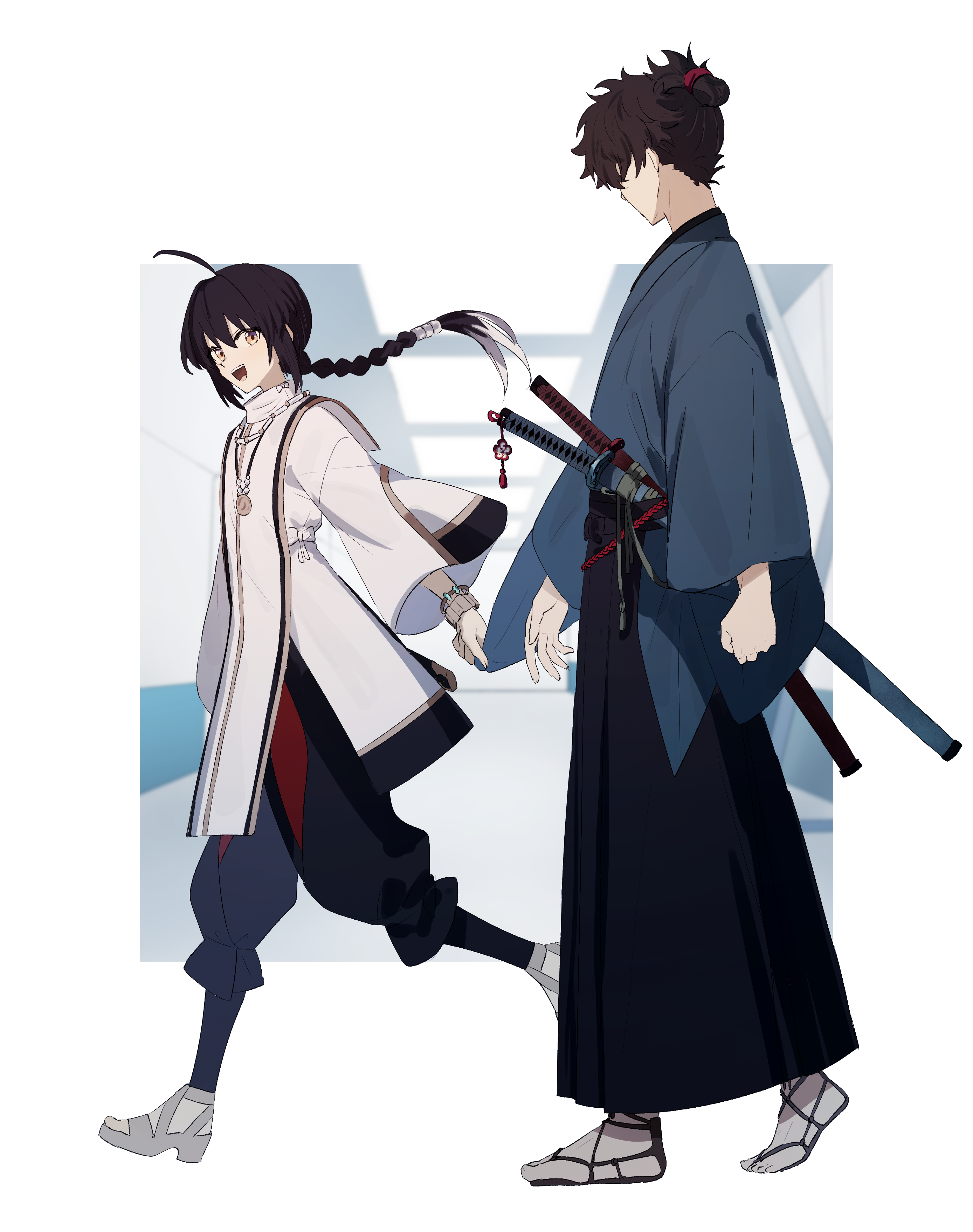 ninjin (ne f g o), miyamoto iori (fate), yamato takeru (fate), fate/samurai remnant, fate (series), absurdres, commentary request, highres, 1boy, 1other, ahoge, black hair, bracelet, braid, clothes grab, full body, hakama, japanese clothes, jewelry, long sleeves, looking at another, necklace, open mouth, pants, sandals, short hair, sleeve grab, sword, weapon