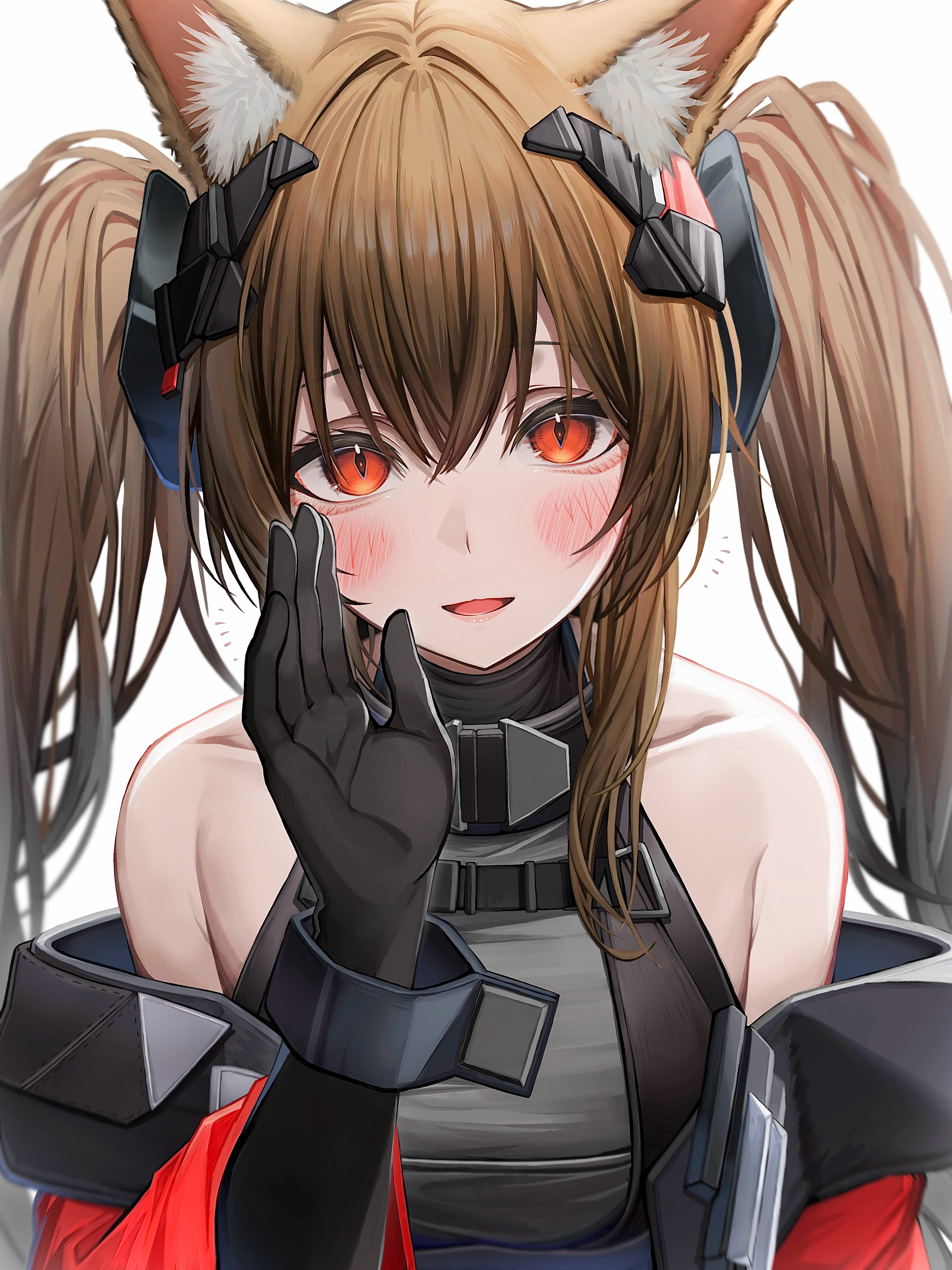 tab head, angelina (arknights), gilberta (arknights), arknights, arknights: endfield, absurdres, commentary request, highres, partial commentary, 1girl, animal ears, bare shoulders, black gloves, black shirt, blush, breasts, brown hair, fox ears, fox girl, gloves, jacket, long hair, long sleeves, looking at viewer, medium breasts, open mouth, red eyes, red jacket, shirt, simple background, solo, twintails, upper body, white background