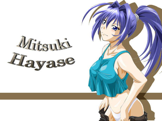 hayase mitsuki, kimi ga nozomu eien, jpeg artifacts, non-web source, 00s, blue eyes, blue hair, breasts, large breasts, long hair, midriff, no bra, panties, ponytail, sideboob, solo, underwear, undressing, white panties
