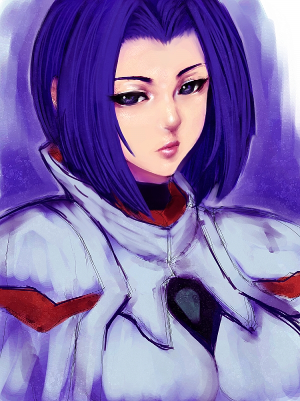 fumio (rsqkr), miang hawwa, xenogears, 1girl, blue hair, female focus, purple eyes, short hair, solo