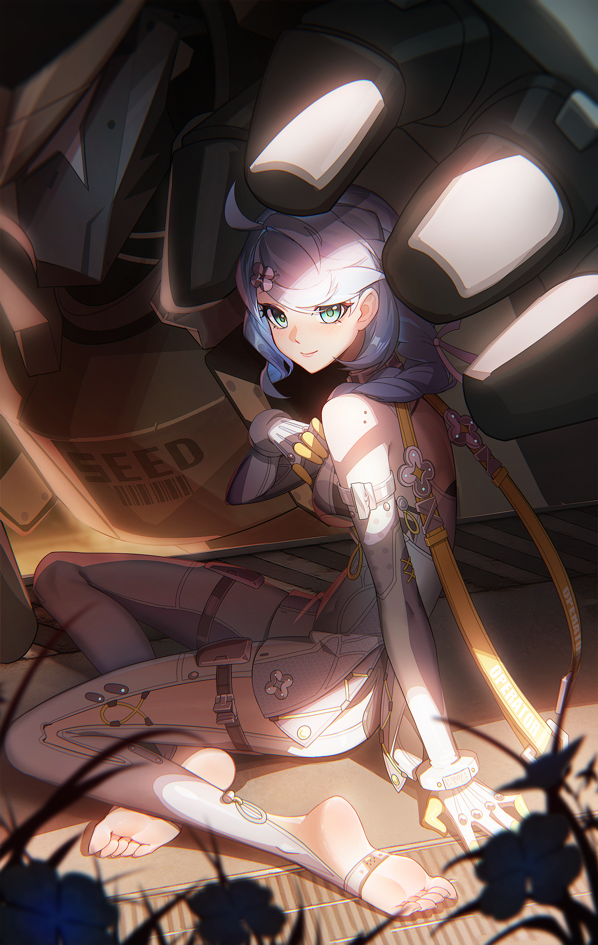 kangg, seed (zenless zone zero), seed sr., zenless zone zero, absurdres, commentary request, highres, 1girl, ahoge, bare shoulders, blue hair, braid, breasts, clothing cutout, elbow gloves, feet, flower hairpin, gloves, green eyes, hair ornament, long hair, looking at viewer, mecha, mole, no shoes, robot, sitting, smile, stirrup legwear, toeless legwear, toes