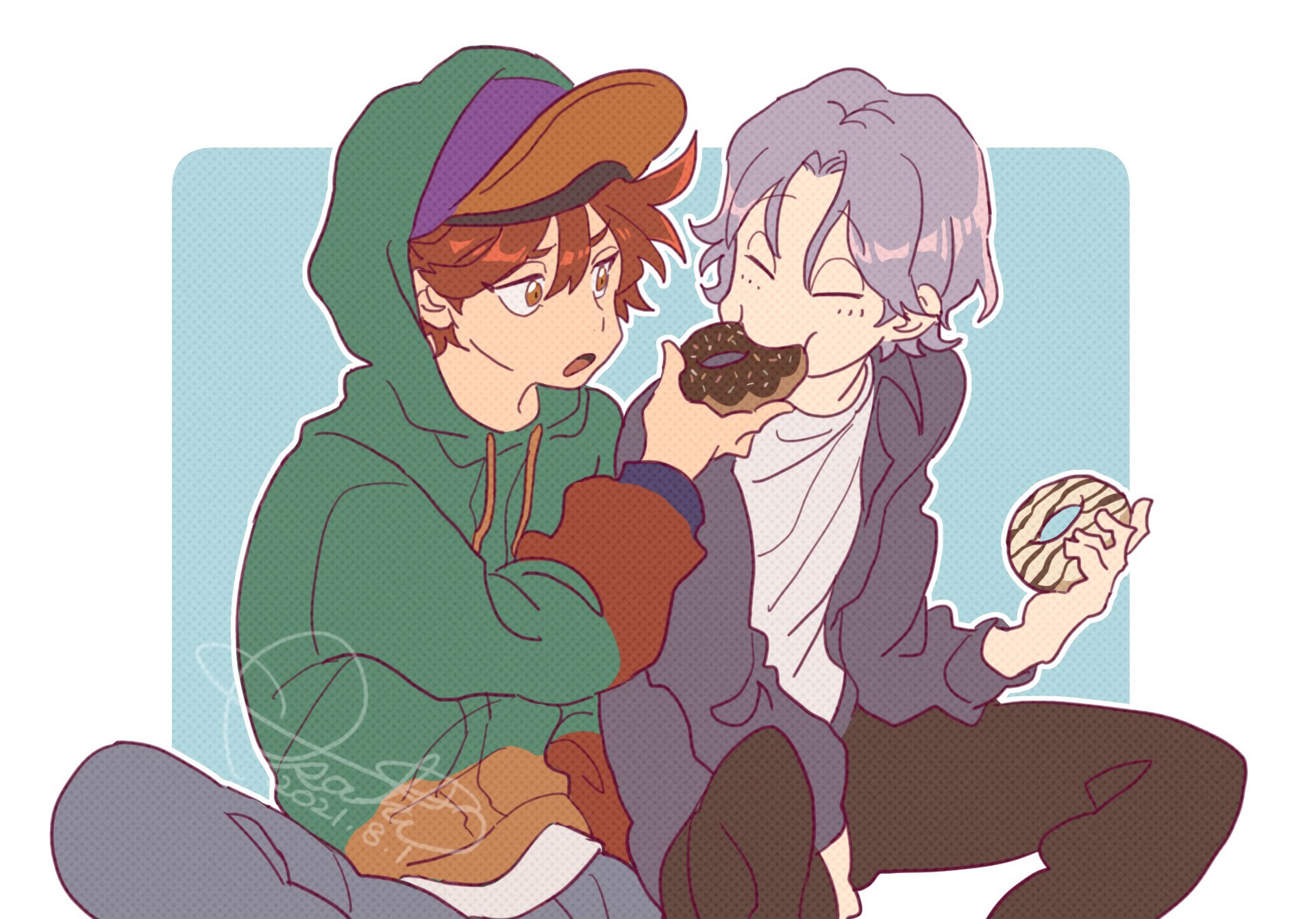 hasegawa langa, kyan reki, sk8 the infinity, commentary request, highres, 2boys, ash cst, baseball cap, biting, black pants, border, donut, drawstring, food, food in mouth, grey hair, hair between eyes, hat, holding, holding food, hood, hood up, jacket, long hair, multiple boys, pants, sharing food, shirt, short hair, sprinkles, white border, white shirt