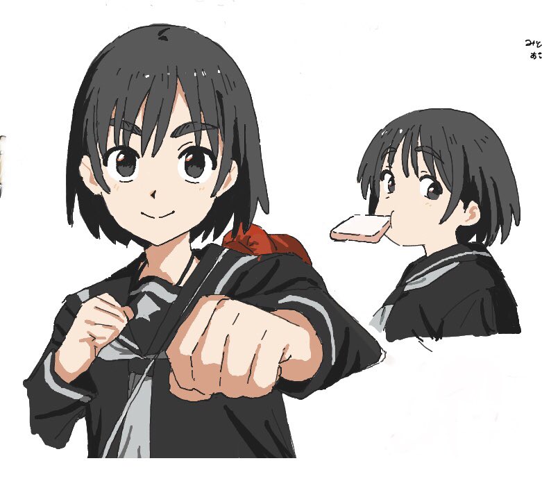 1girl, black eyes, black hair, black serafuku, black shirt, bob cut, dated, famichiki 100, food, long sleeves, looking at viewer, mouth hold, multiple girls, ootsu mari, sailor collar, sayonara lara, school uniform, serafuku, shirt, short hair, smile, white background
