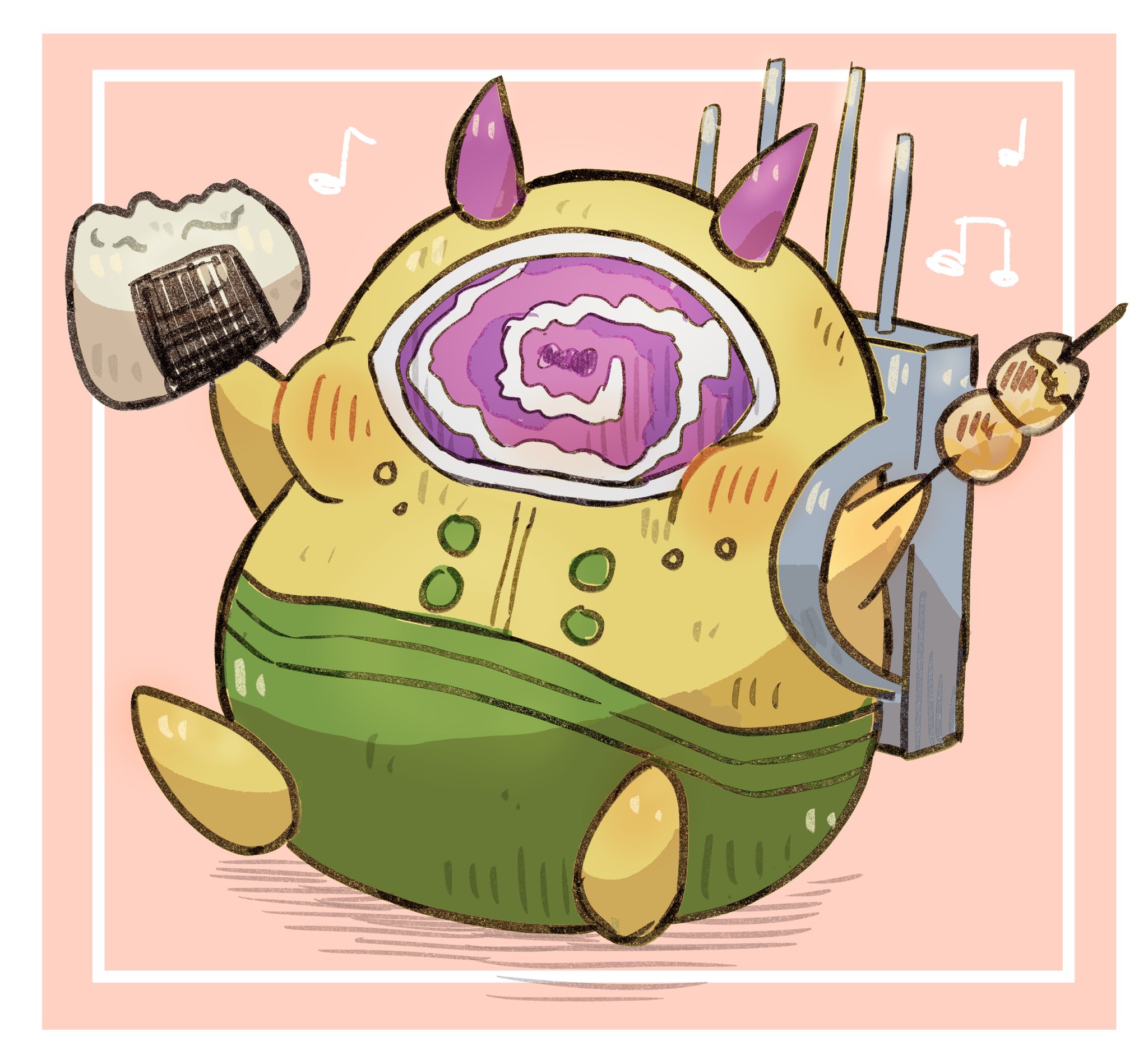 the hundred line -last defense academy-, highres, backpack, bag, darumarr, eating, food, food in mouth, holding, holding food, horns, monster, musical note, no humans, one-eyed, onigiri, school invader (hundred line), simple background, slasher route (hundred line), ss 100010