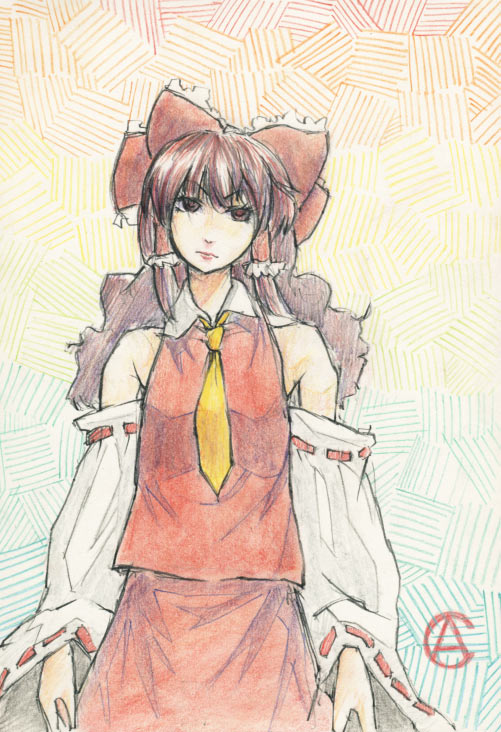 kasuteru, hakurei reimu, touhou, colored pencil (medium), traditional media, 1girl, female focus, solo