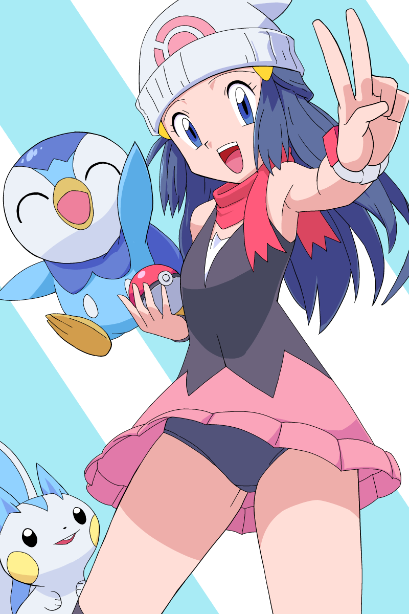 nyoki naioki, dawn (pokemon), pachirisu, piplup, nintendo, pokemon, pokemon (anime), pokemon dppt (anime), commentary request, highres, 1girl, :d, beanie, blue eyes, eyelashes, gen 4 pokemon, grey panties, hat, holding, holding poke ball, long hair, open mouth, panties, poke ball, poke ball (basic), pokemon (creature), scarf, shirt, skirt, sleeveless, sleeveless shirt, smile, teeth, tongue, underwear, upper teeth only, v