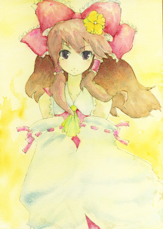 kasuteru, hakurei reimu, touhou, painting (medium), traditional media, watercolor (medium), 1girl, bow, brown hair, detached sleeves, female focus, flower, hair bow, hair flower, hair ornament, hair tubes, long hair, red eyes, smile, solo