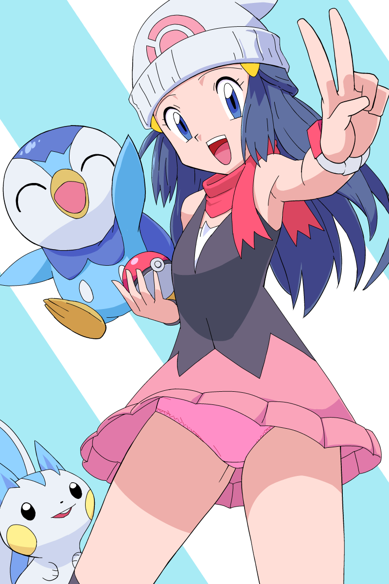 nyoki naioki, dawn (pokemon), pachirisu, piplup, nintendo, pokemon, pokemon (anime), pokemon dppt (anime), commentary request, highres, 1girl, :d, beanie, blue eyes, eyelashes, gen 4 pokemon, hat, holding, holding poke ball, long hair, open mouth, panties, pink panties, poke ball, poke ball (basic), pokemon (creature), scarf, shirt, skirt, sleeveless, sleeveless shirt, smile, teeth, tongue, underwear, upper teeth only, v