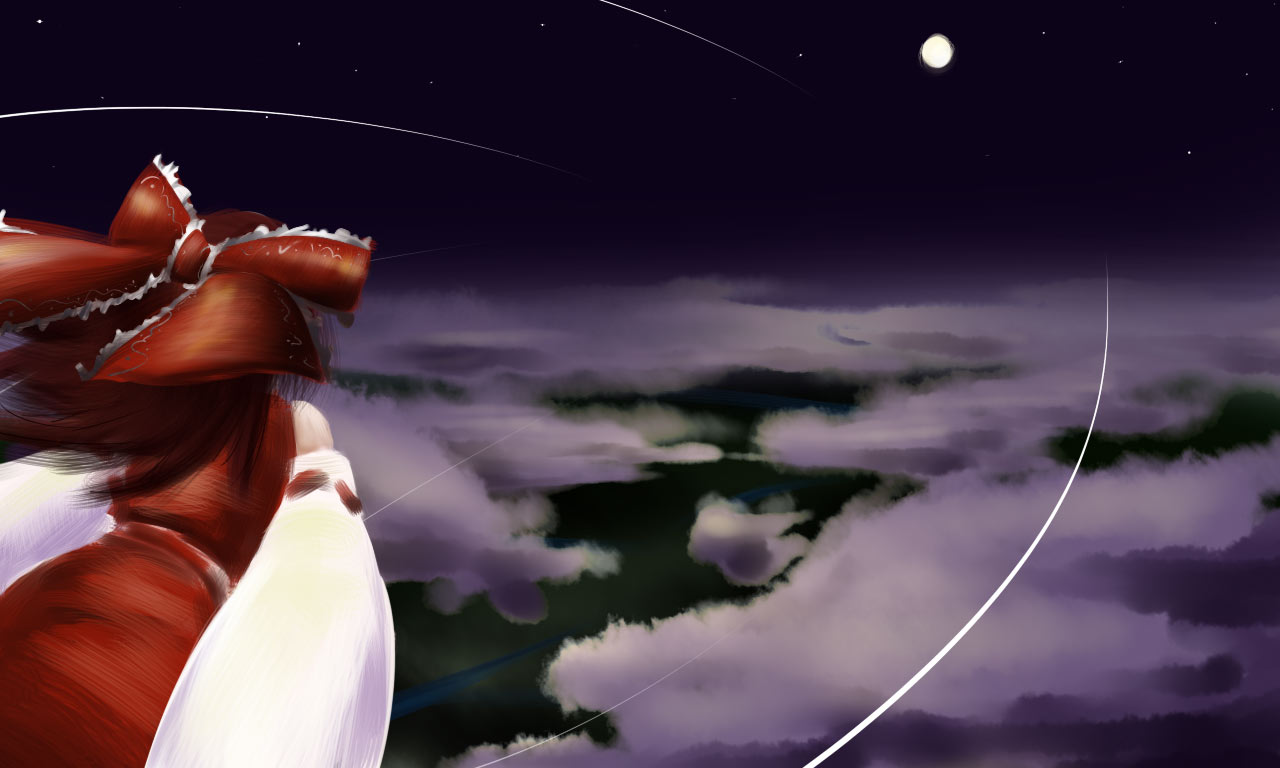 kasuteru, hakurei reimu, touhou, 1girl, bare shoulders, bow, brown hair, cloud, contrail, detached sleeves, female focus, flying, from behind, full moon, hair bow, long sleeves, moon, night, outdoors, scenery, short hair, solo, vest