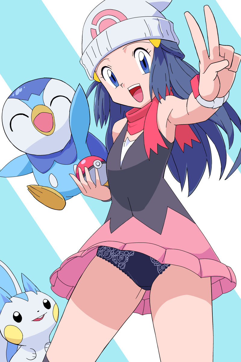 nyoki naioki, dawn (pokemon), pachirisu, piplup, nintendo, pokemon, pokemon (anime), pokemon dppt (anime), commentary request, highres, 1girl, :d, beanie, blue eyes, eyelashes, gen 4 pokemon, hat, holding, holding poke ball, long hair, open mouth, panties, poke ball, poke ball (basic), pokemon (creature), print panties, scarf, shirt, skirt, sleeveless, sleeveless shirt, smile, teeth, tongue, underwear, upper teeth only, v
