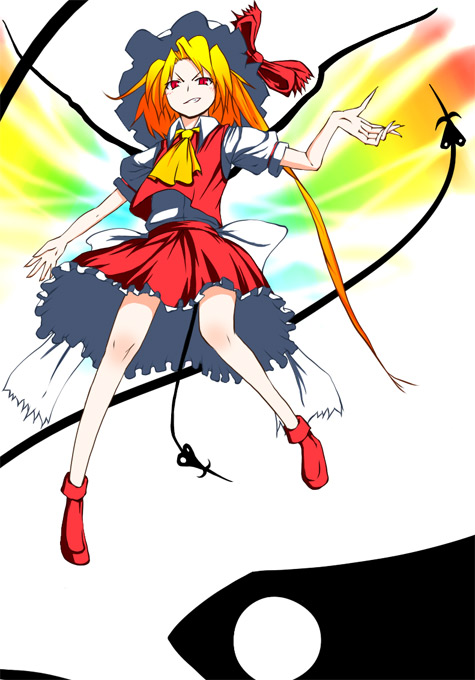kasuteru, flandre scarlet, touhou, 1girl, blonde hair, bow, female focus, full body, grin, hat, hat bow, laevatein, one side up, puffy short sleeves, puffy sleeves, red eyes, shoes, short sleeves, side ponytail, smile, solo, white background, wing collar, wings
