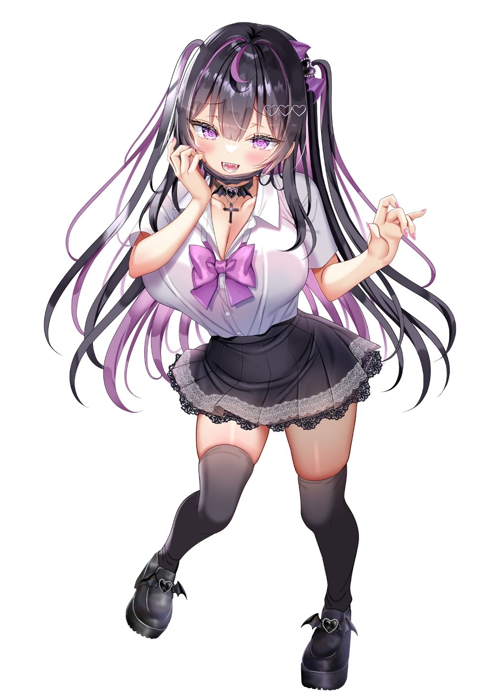 nae-nae, original, highres, 1girl, black choker, black hair, black mask, black shoes, black skirt, black thighhighs, bow, bowtie, breasts, buttons, choker, cleavage, collarbone, colored inner hair, cross, hair ornament, heart, heart hair ornament, large breasts, long hair, mask, mask pull, mouth mask, multicolored hair, purple bow, purple bowtie, purple eyes, purple hair, sharp teeth, shirt, shoes, skirt, smile, solo, streaked hair, teeth, thighhighs, vampire, white background, white shirt
