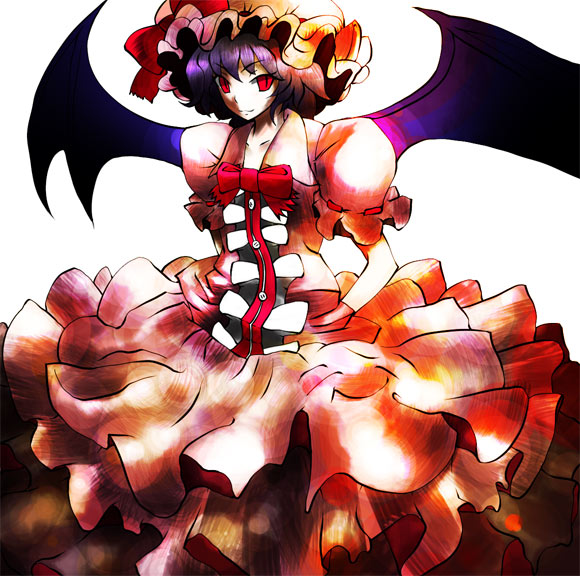 kasuteru, remilia scarlet, touhou, 1girl, dress, female focus, gloves, hat, layered dress, looking at viewer, mob cap, purple hair, red eyes, short hair, simple background, solo, white background, white gloves