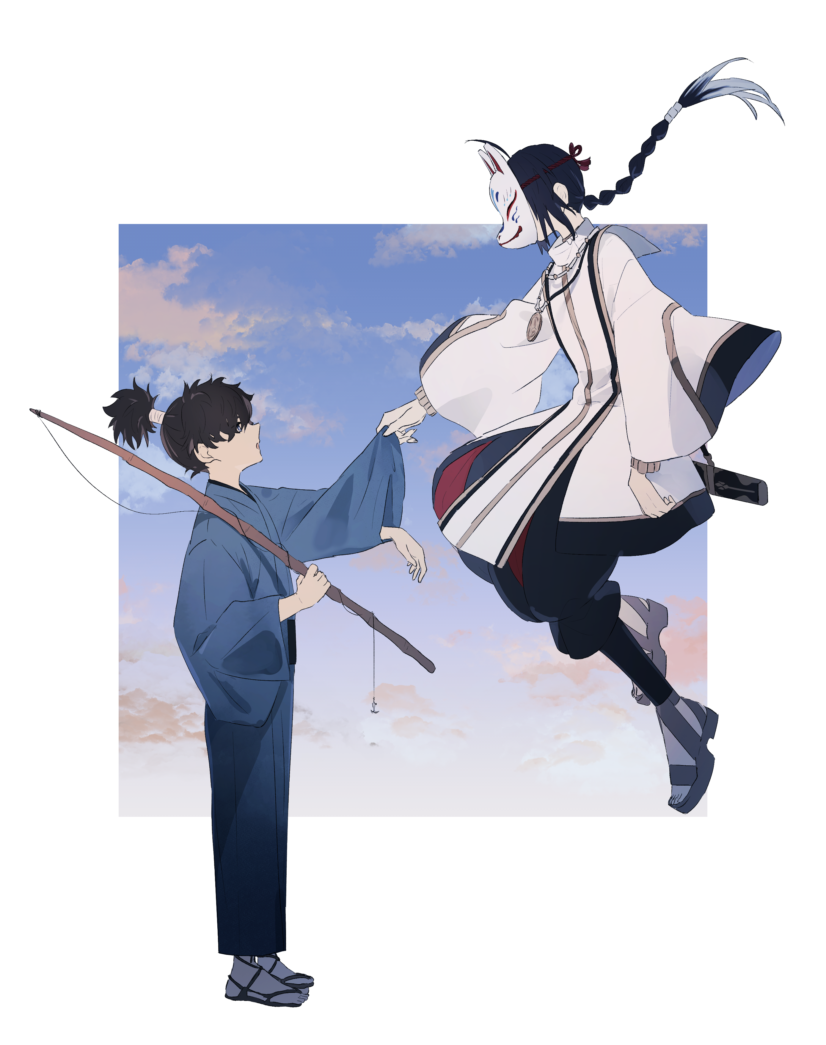 ninjin (ne f g o), miyamoto iori (fate), yamato takeru (fate), fate/samurai remnant, fate (series), absurdres, commentary request, highres, 1boy, 1other, black pants, blue kimono, border, braid, clothes grab, fishing rod, floating, floating hair, fox mask, japanese clothes, kimono, long sleeves, looking at another, mask, over shoulder, pants, sandals, sleeve grab, white border, white kimono