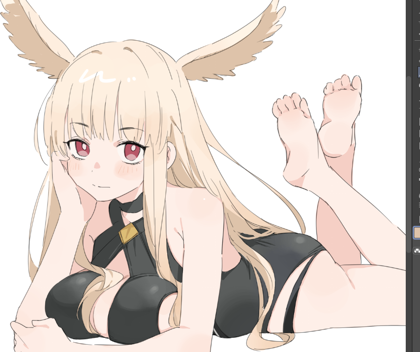 kaigan0211, thrud (fate), thrud (swimsuit assassin) (fate), valkyrie (fate), clip studio paint, fate/grand order, fate (series), clip studio paint (medium), 1girl, arm rest, art program in frame, bare arms, bare legs, bare shoulders, barefoot, black choker, black one-piece swimsuit, blonde hair, blush, breast press, breast rest, breasts, casual one-piece swimsuit, choker, cleavage cutout, closed mouth, clothing cutout, crossed ankles, elbow rest, feathered wings, feet, feet up, hair between breasts, halterneck, hand on own elbow, hand on own face, head rest, head wings, large breasts, long hair, long sidelocks, looking at viewer, lying, on stomach, one-piece swimsuit, red eyes, sideboob, sideboob cutout, sidelocks, simple background, soles, solo, straight hair, swimsuit, the pose, toes, upturned eyes, white background, wings